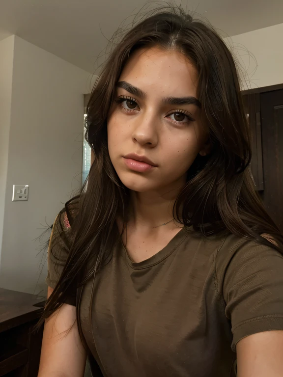 1 girl looking angry, in distance, very pretty, 23 years old, tanned, long hair, brown hair, brown eyes, sharp eyebrows, big lips, realistic, moody, wearing top and shorts, far away, large chest, girl has room above her head, selfie