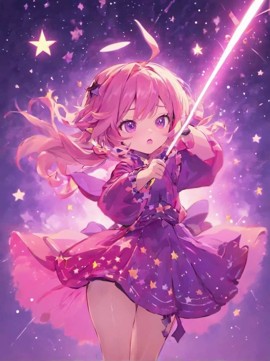 a witch in purple outfit with stars holding a pink wand in pixelated format on a white background