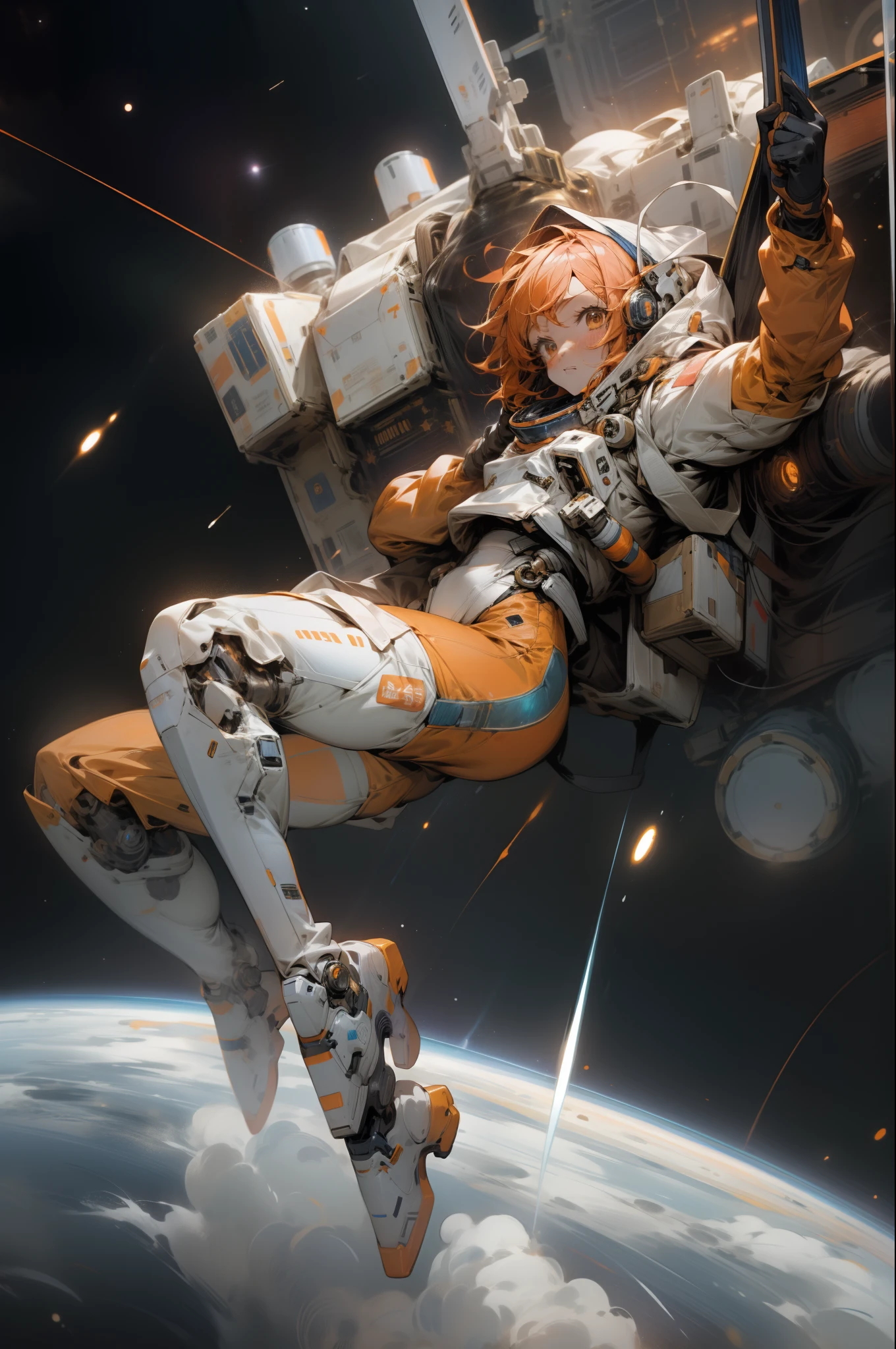 Anime girl in space galaxy orange spacesuit short pants