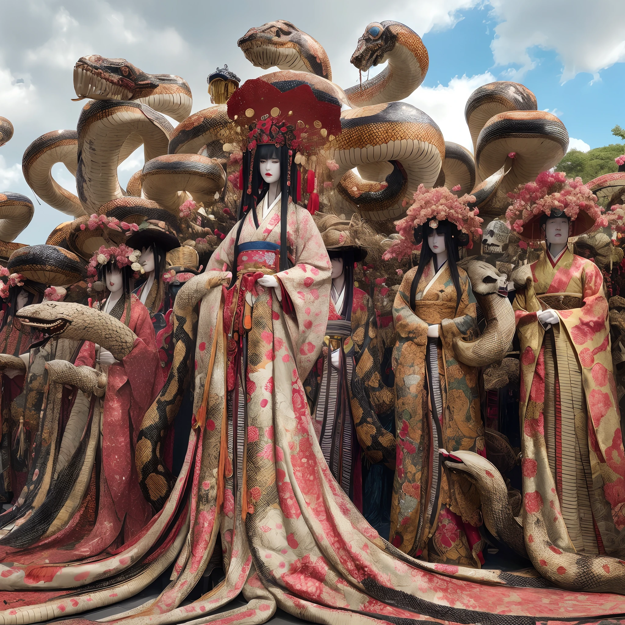 Lined with traditional Chinese costumes and hat-clad Allalin, Raqib Show, porcelain japanese mannequins, hone onna skeleton geisha, Spirits covered with curtains, elaborate costume, by Robert Brackman, ukiyo - e sculpture, floats carnival, Scott Samuel Summers, Lee Luffridge, queen of snakes, Snakes surround them