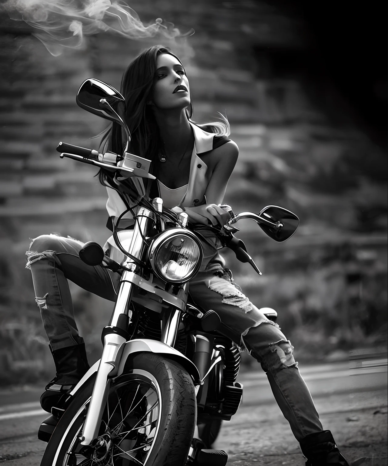 Arafe woman sitting on a motorcycle smoking a cigarette, Sitting on a motorcycle, Riding a motorcycle, motorcycle, in door : Lucia Peka, motorcycle, biker, in door : Lambert Doomer, Photo of a female biker, making: Kuno Veeber, by Antonio Saura, Bad Pose, making: Mathias Kollros, making: Fabien Charuau, Thomas Fogarty,Ultra8K