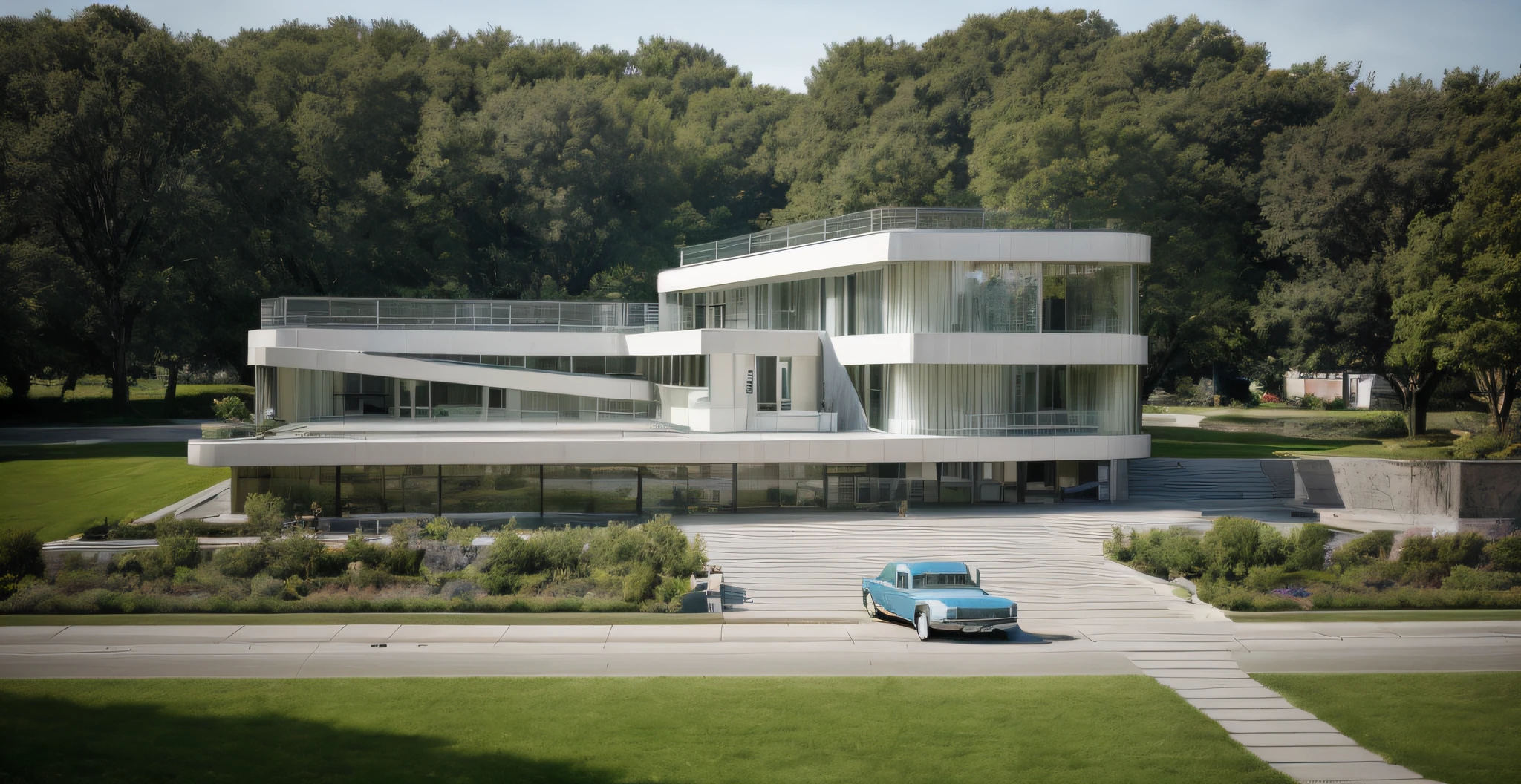 exterior, headquarters, radio and television station, iconic works, modern style, Beautiful house, daylight, street, fountain, parking, outdoor studio, grass
glass, paint, stone