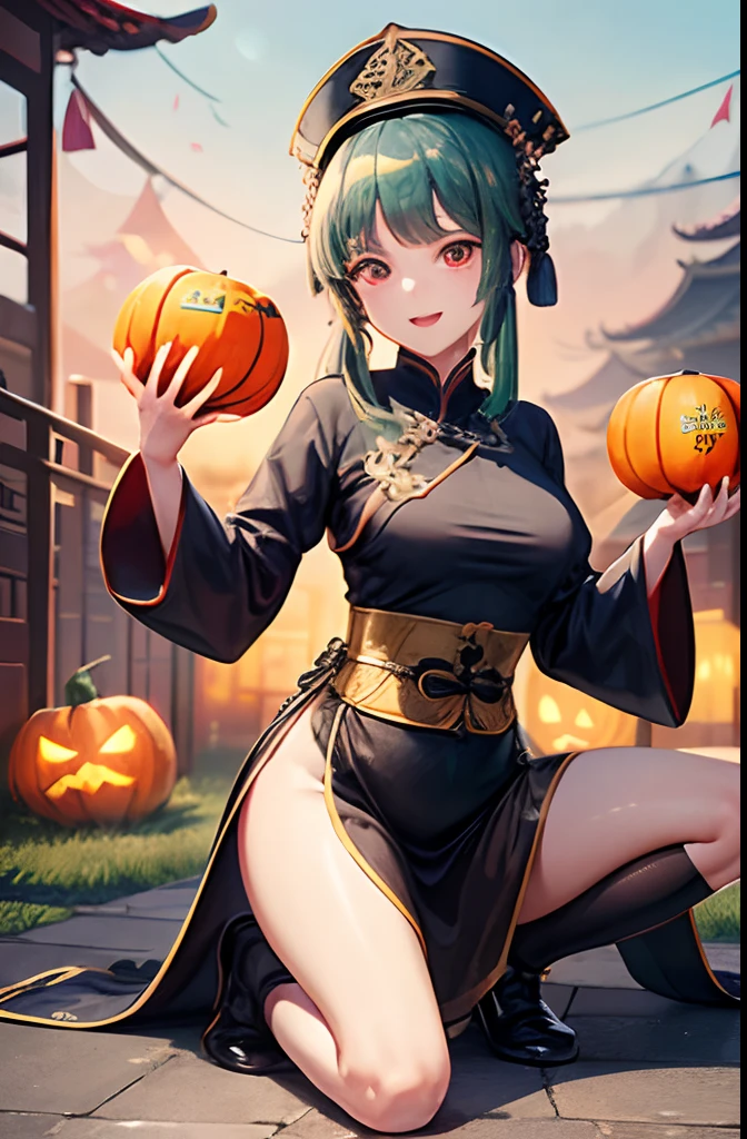 (top-quality、in 8K、32K、​masterpiece、nffsw、超A high resolution、Impresionismo、Photorealsitic:1.2)、Colossal tits、cowboy  shot、Begging Pose、 detailed faces and eyes、 nightcity、Dim Street Lights、A jack-o'-lantern is placed on the road、beauitful face、blurry backround、16-year-old beautiful girl、shinny skin、long claws、Official Qing Dynasty Cap、Official clothing of the Qing Dynasty、Beautiful green hair、Bun hair、Blunt bangs、The eyes are red eyes、(Qing Dynasty Hat:1.2)、Kung Fu Shoes、Spiritual paper with yellow runes on forehead、Curve、Stand on one knee、(Official formal dress of the Qing Dynasty in black color:1.2)、A smile with open mouth and fangs bared、cross one's legs
