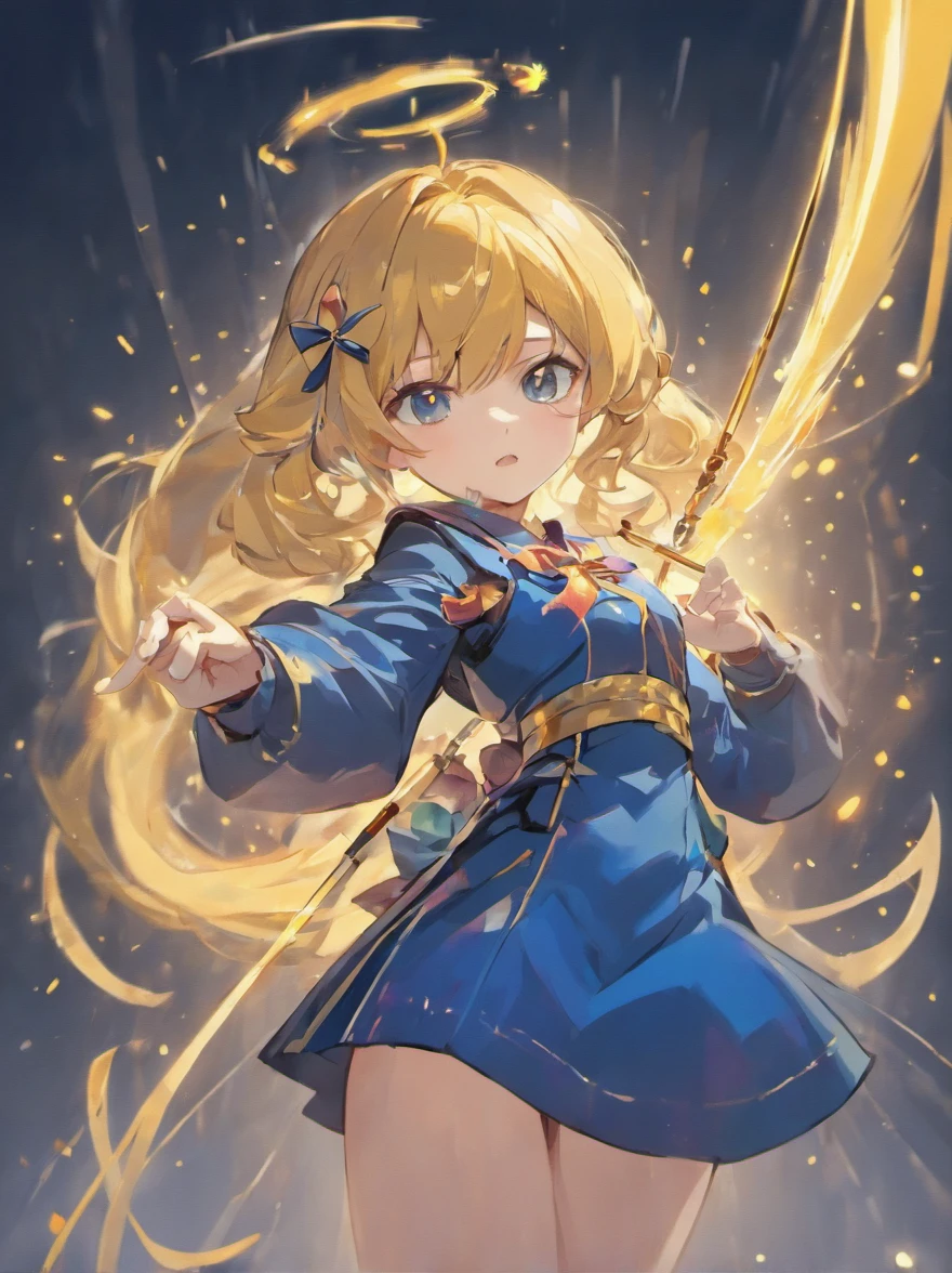 a small archer in navy blue clothing holding a golden bow in pixelated format on a white background