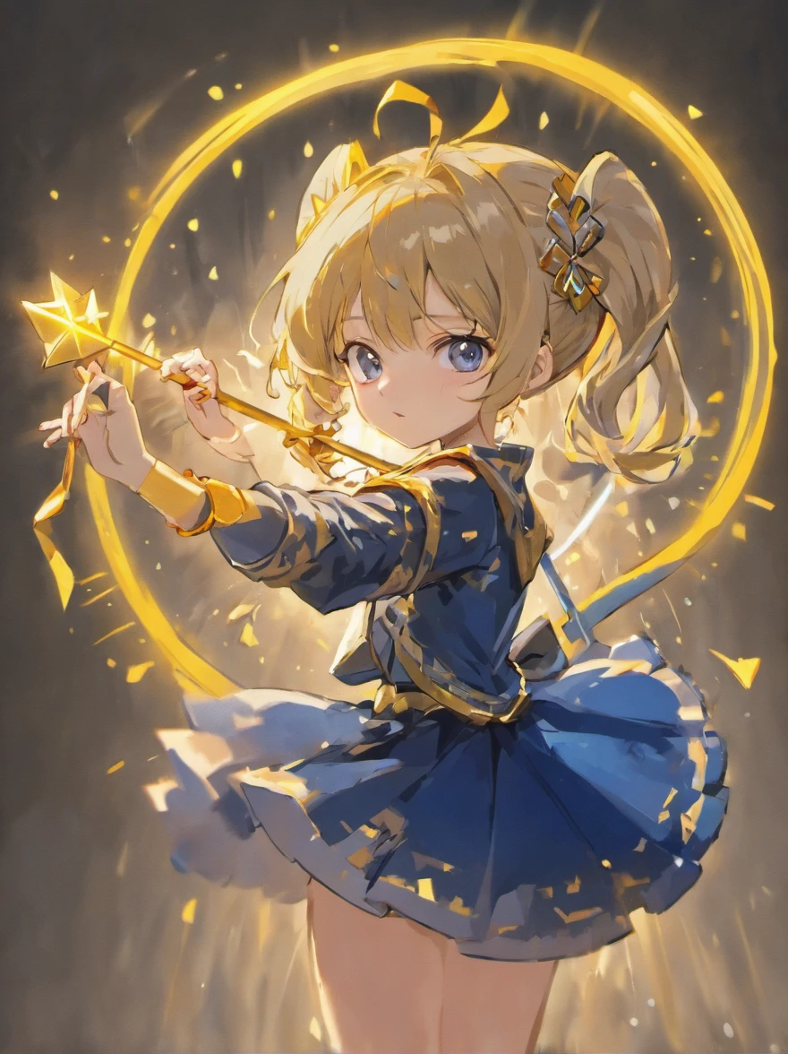 a small archer in navy blue clothing holding a golden bow in pixelated format on a white background