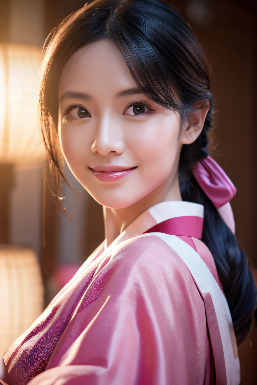 masutepiece, (Photorealistic:1.5), Realistic eyes, Asian Woman, Best Quality, Beautiful lighting, Professional Lighting, Photon mapping, Radio City, Physically-based rendering,, Kamado Nezuko, 1girl in, Black hair, Forehead, Hair Ribbon, komono, Kimono, Long hair, multicolored hair, Open mouth, Pink eyes, Pink kimono, Pink ribbon, bow ribbon, Smile, Very long hair, skyporn, ((aged up)),, (Raw photo, 8K UHD, Film grain)