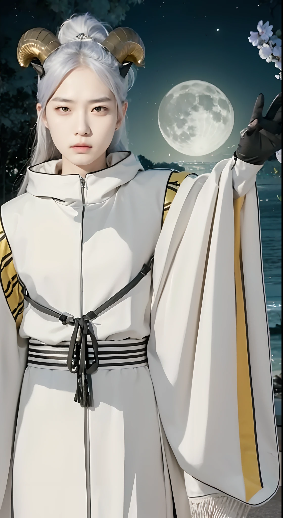 Real life adaption of this character, Korean handsome face, angry expression,realistic detail same hair, (realistic same horns), realistic same outfit, realistic light, realistic shadow, realism, hyper realistic,(photorealistic:1.2), looking to viewer,Realistic natural background with moonlight views
