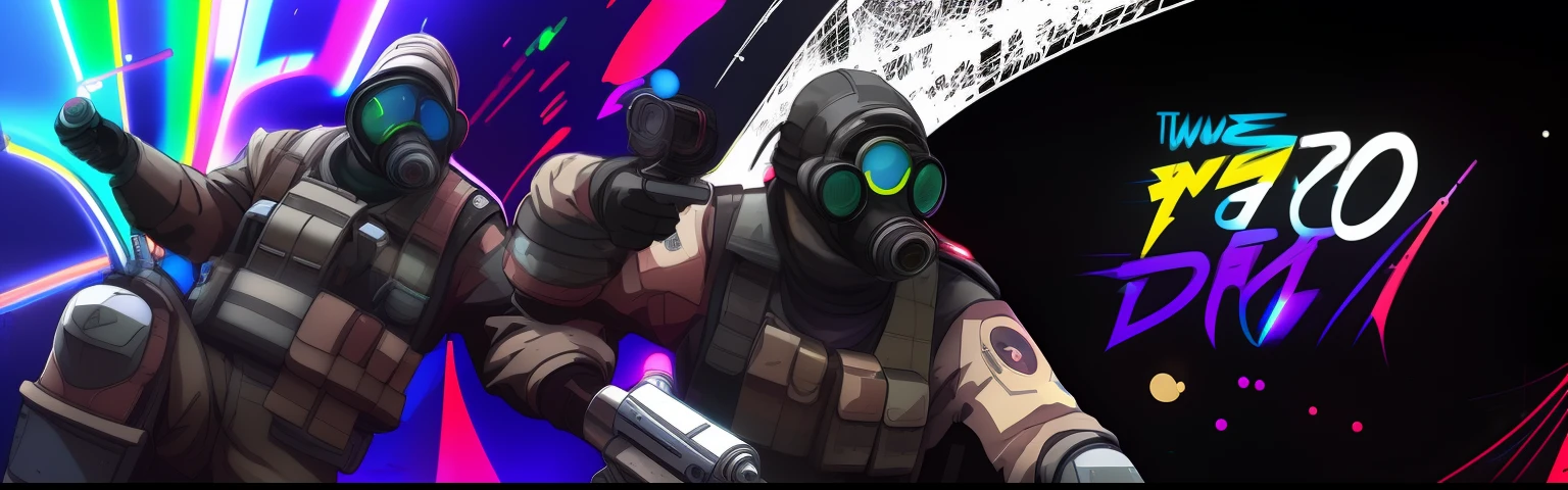 Two men wearing gas masks and goggles held paintbrushes, trigger anime artstyle, RB6S), epic art style, unknown artstyle, warzone background, fractalpunk, riot background, 8K high quality detailed art, art depicting control freak, neon operator, discord pfp, valve promotional splash art, 4k highly detailed digital art