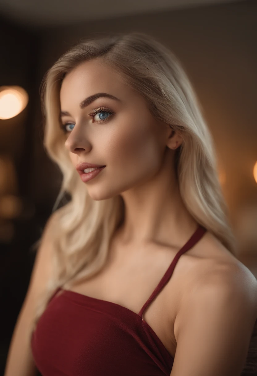 A close-up portrait of a platinum blonde sweetheart with a gentle smile, wearing a red lace lingerie set with black edges, shot by a Sony A7R IV mirrorless camera with a Sony FE 85mm f/1.4 GM lens, highlighting subtle highlights and shadows in a chiaroscuro style, featuring a vibrant color palette, captured in highly detailed and hyper-realistic 16k