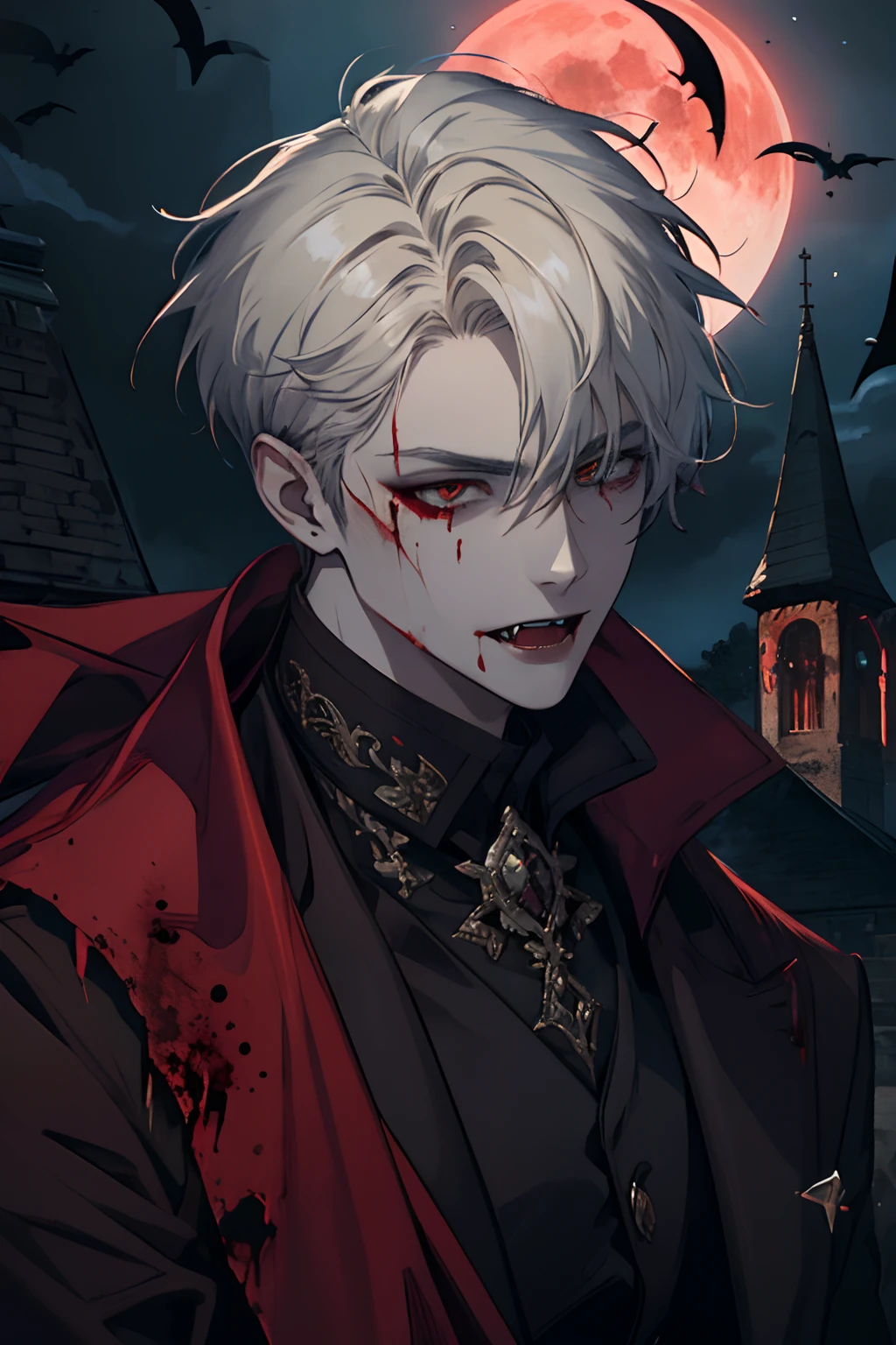 masterpiece, 1man, vampire, short hair, fangs, blood, red moon, castle, high quality, best, super detailed, beautiful detailed face