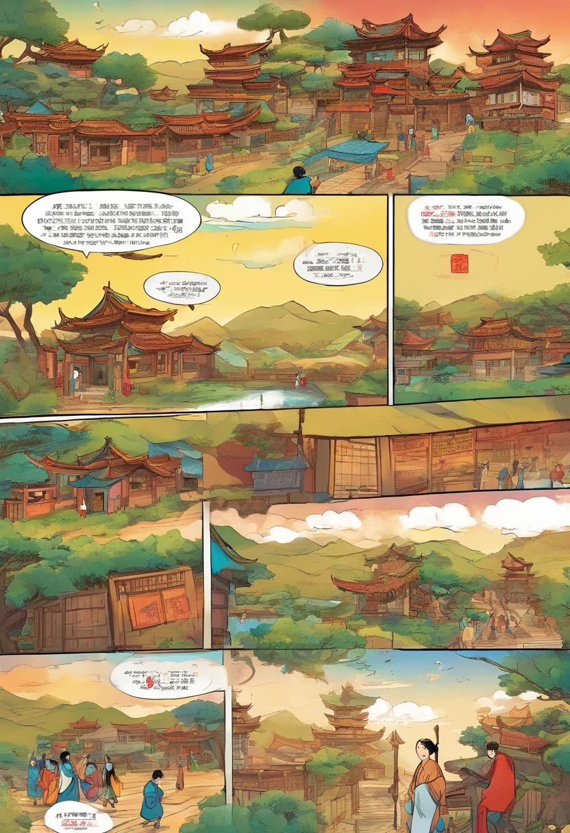 Chinese style comics, The comic story is presented in multiple regular colored panels. The picture shows the Zhuang village,A cute boy running around the village to play。The boys hear the scene of the old man discussing the problem,The boy decides to embark on a journey in search of the gods。Give a gift to a boy carrying a bag,Ready。