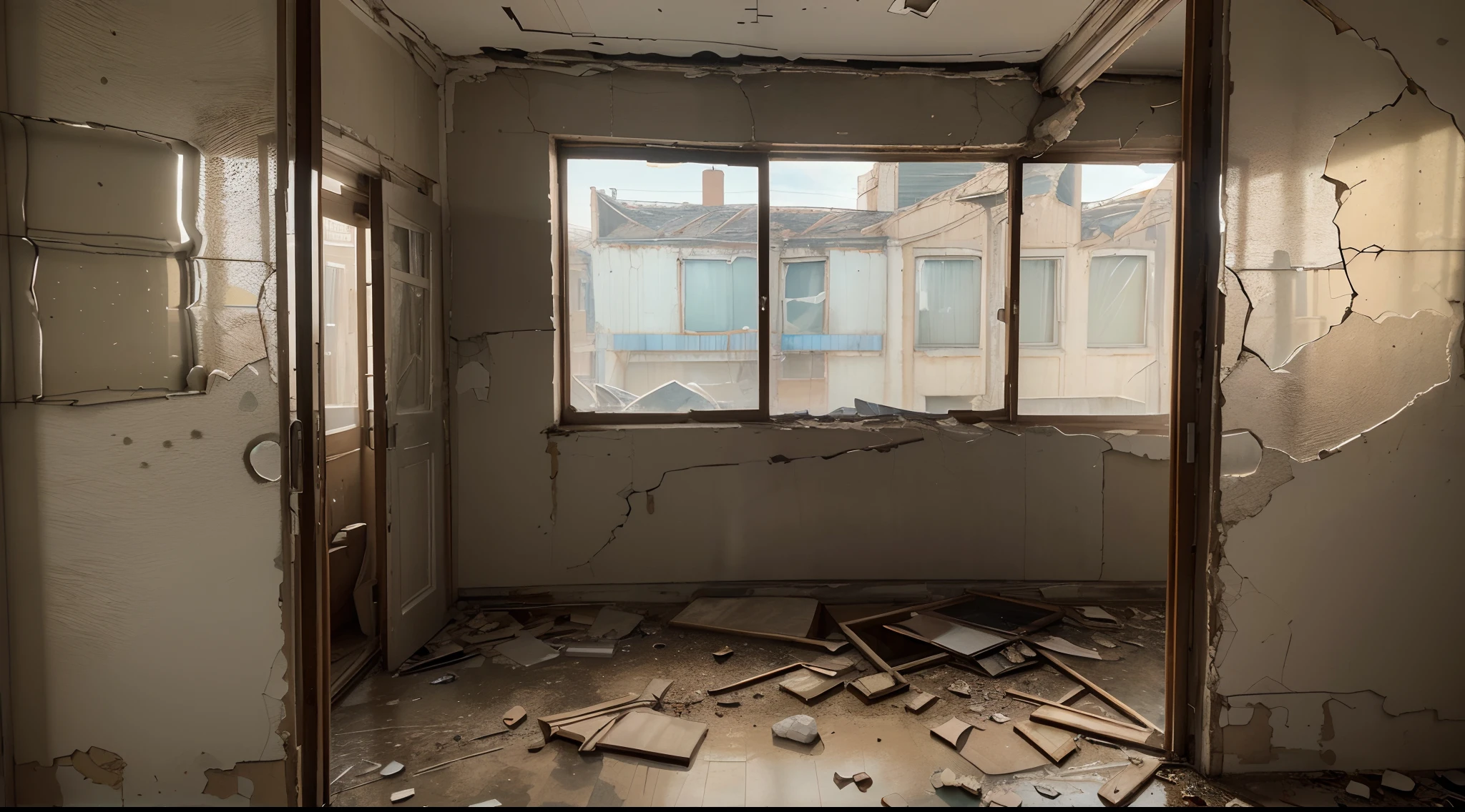 (Best quality,4K,8K,A high resolution,Masterpiece:1.2),Ultra-detailed,(Realistic,Photorealistic,photo-realistic:1.37),Broken window frontage,window open,dusty atmosphere,Abandoned restaurant,Cracked walls,,Unpredictable lighting,The paint on the walls peels off, Wide-angle lens