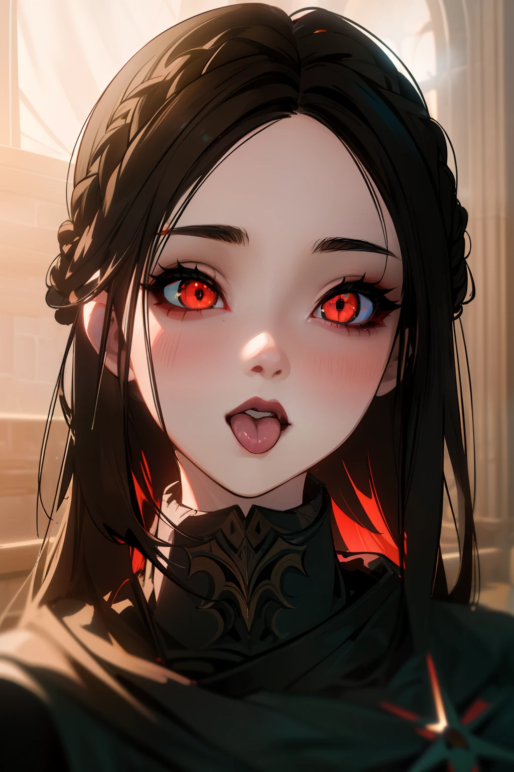 Masterpiece, Best quality, (Colorful), (Delicate eyes and face), volumettic light, Ray tracing, Extremely detailed Cg Unity 8K wallpaper, Dark theme, low tune, serana, 1girll, Red eyes, view the viewer, Upper body, ahegao, Blush, Tongue out, gloomy castle, Dark,