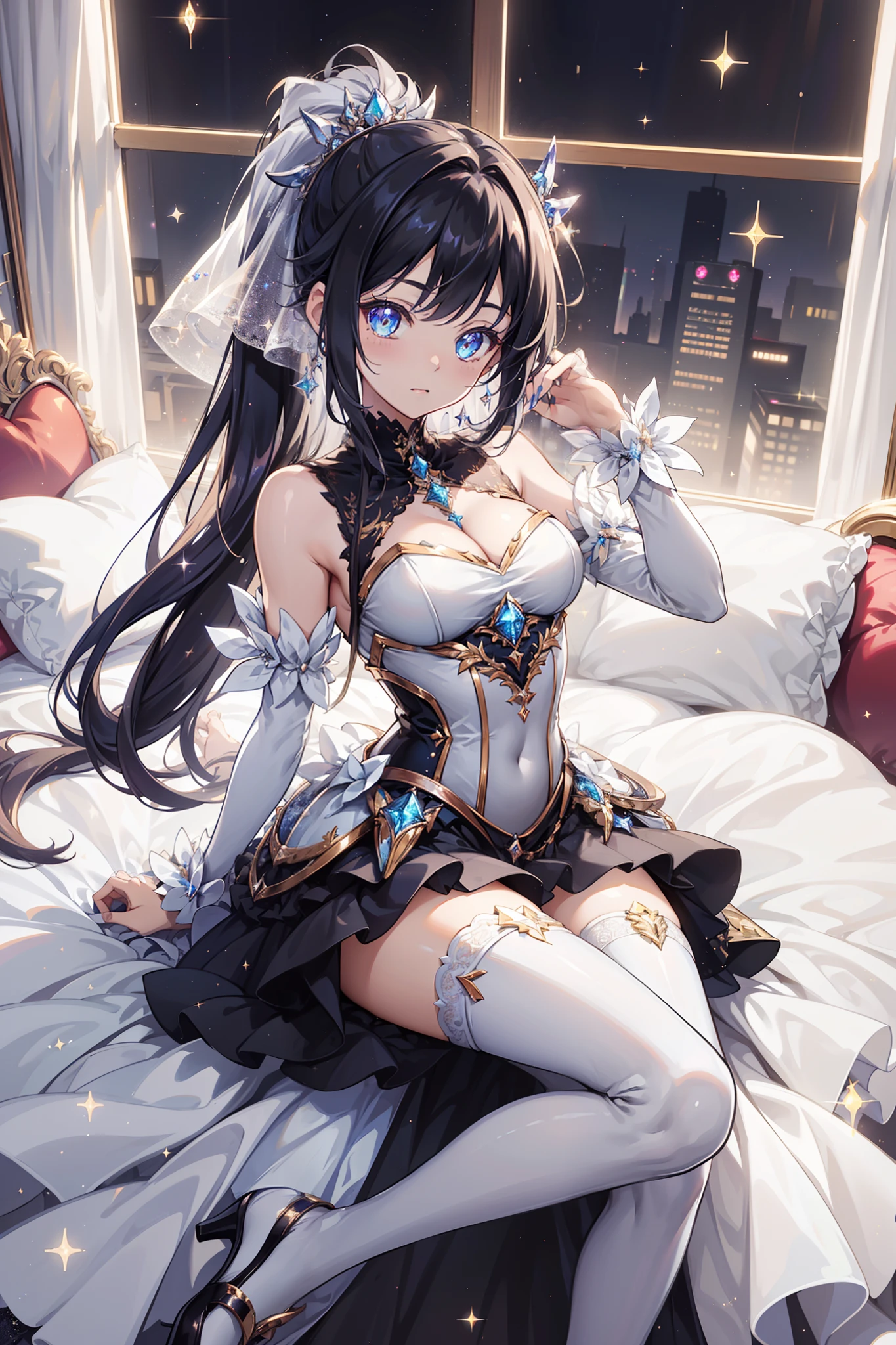 (glitters:1.2), (Sparkle:1.2), (Shine:1.2), (Best quality), (Masterpiece:1.2), (Anime style),Extremely colorful，Colorful，Beautiful detailed face and hair，Complete body，Black and white double ponytail，Princess dress，Lace，folds，Ruffles， White stockings Long legs，Muffin shoes，Seductive pose，Luxurious bedroom，the night