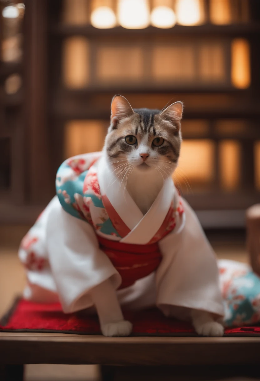 Perfect centering, a cute little cat, cook,Wear a kappo kimono, cheerfulness, Standing position, Abstract beauty, Centered, Looking at the camera, Facing the camera, Approaching perfection, Dynamic, Highly detailed, Smooth, Sharp Focus, 8K