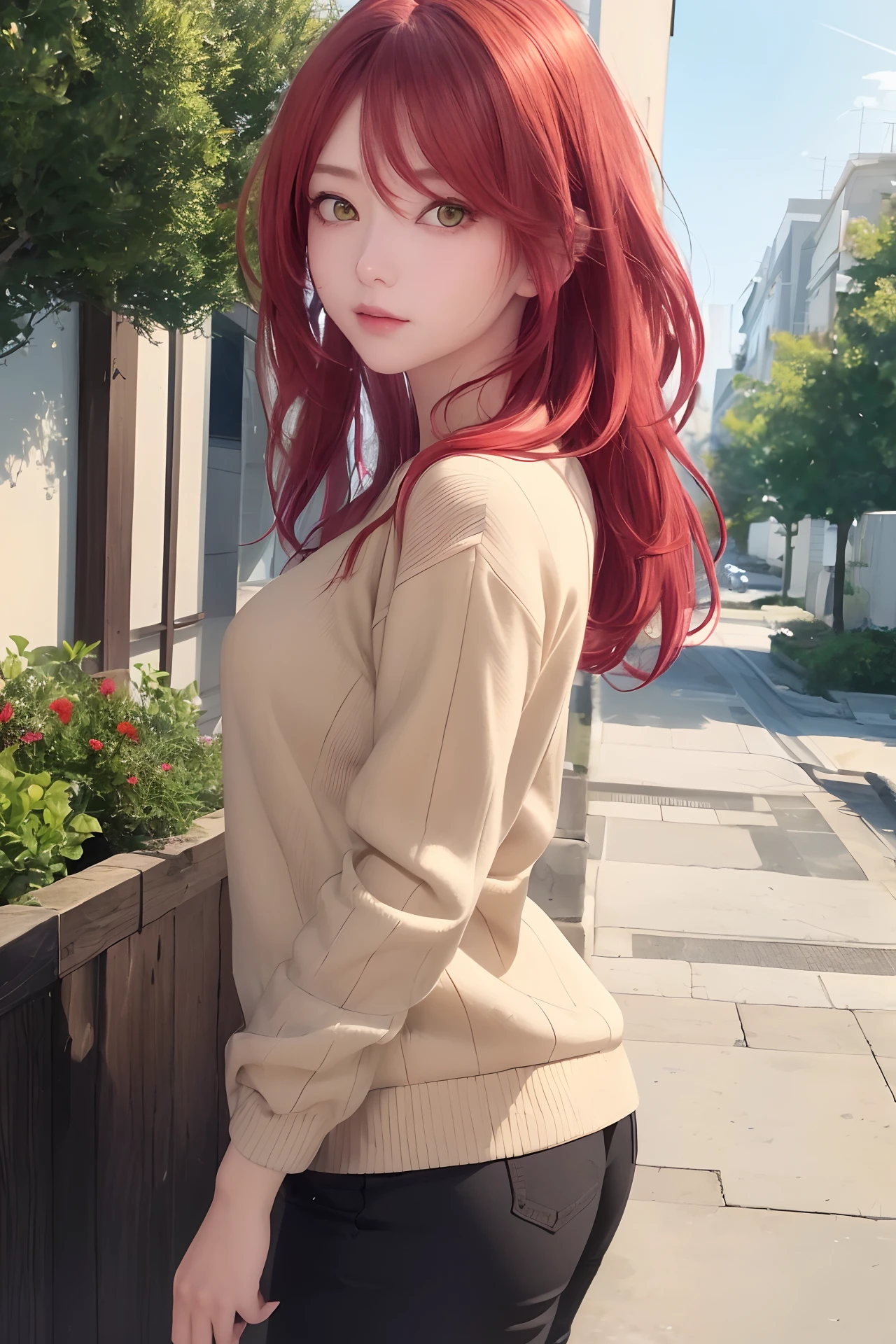 masterpiece, (best quality), 1woman,1girl,solo ,kawasegawa_eiko1,  red hair ,  long hair,yellow eyes,hair between eyes, (striped sweater), white shirt,best quality , vibrant colors ,natural lighting  ,RTX,   beautiful, (detailed face:1.2), outdoors, (photorealistic:1.2), 8k uhd,  looking a viewer,  (detailed eyes:1.2), simple backround, black pupil, (upper half of body), (beautiful woman), perfect proportions