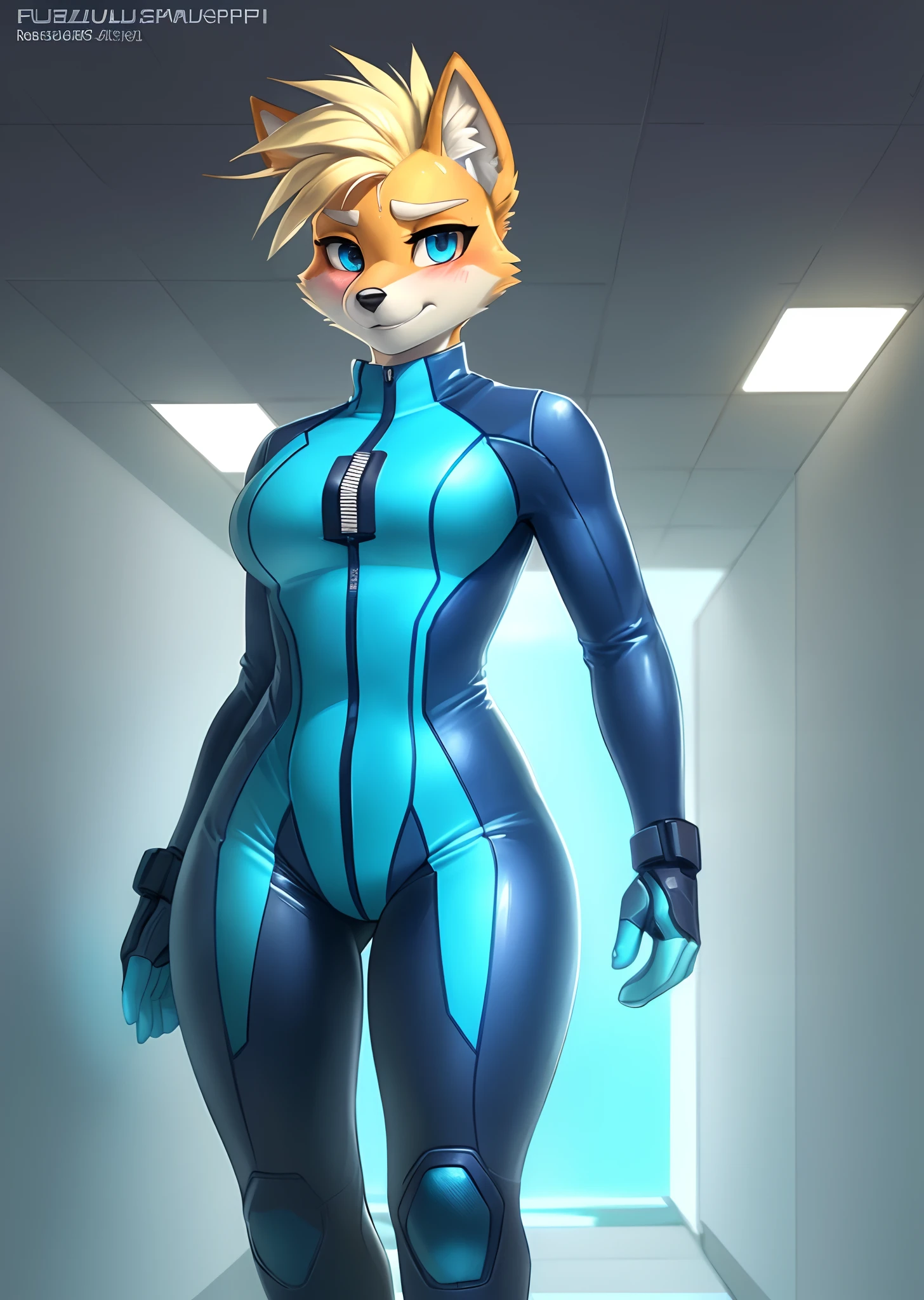 [zero suit fox], [Uploaded to e621.net; (Pixelsketcher), (wamudraws), (fluffkevlar)], [uploaded to twitter.com; (@senip)], ((masterpiece)), ((HD)), ((high quality)), ((solo portrait)), ((full body)), ((furry; anthro fox)), ((detailed fur)), ((detailed shading)), ((beautiful render art)), {anthro; (slim figure), yellow fur, black nose, (bleach-blonde mohawk), (cute surprised blue eyes), (medium boobs), (gorgeous hips), (beautiful legs), (sweat on forehead), (blushing), (nervous smirk), (mouth open)}, {(cyan zip-up bodysuit), (cyan boots), (heels)}, {(standing), (arms folded under breasts), (looking at viewer)}, [background; (hallway), (metal walls), (ceiling lights), (si-fi), (ambient lighting)]