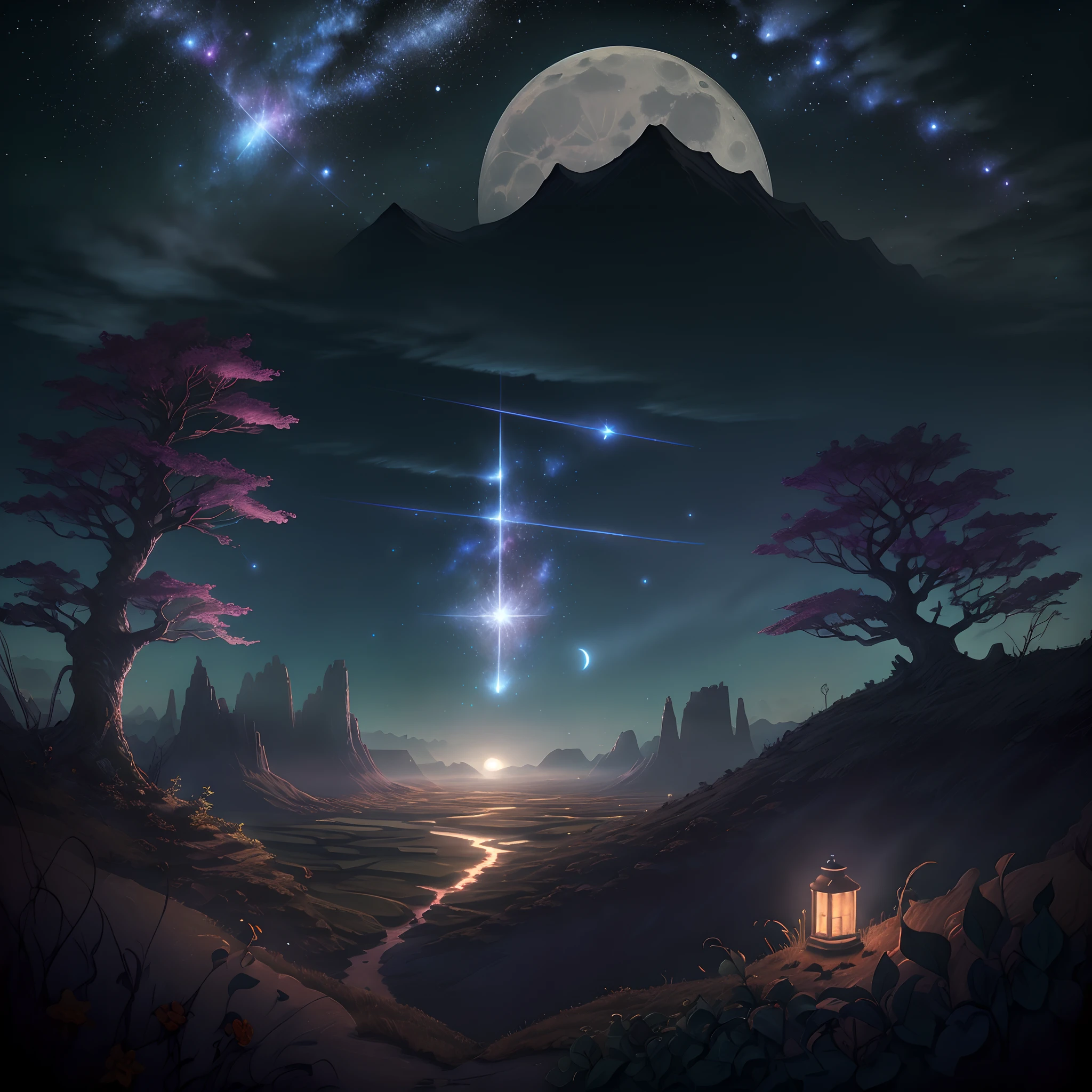 Expansive landscape photograph, (view from below with a view of the sky and the wilderness below), little girl standing in a flower field looking up, (full moon: 1.2), (shooting star: 0.9), (nebula: 1.3), distant mountain, tree break production art, (warm light source: 1.2), (firefly: 1.2), lamp, purple and orange, intricate detail, volume lighting BREAK (masterpiece: 1.2), (highest quality ), 4k, ultra-detailed, (dynamic configuration: 1.4), highly detailed and colorful details (iridescent: 1.2), (sparkling lighting, atmospheric lighting), dreamy, magical, (solo: 1.2)