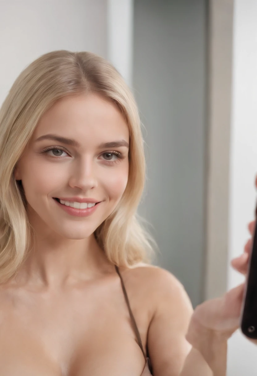 Masterpice Photorealistic Huge Tits Blond Woman on a front of mirror, taking picture with phone Full body, Perfect Face, Smiling, HD, distance frame, Undressed, 13 years old
