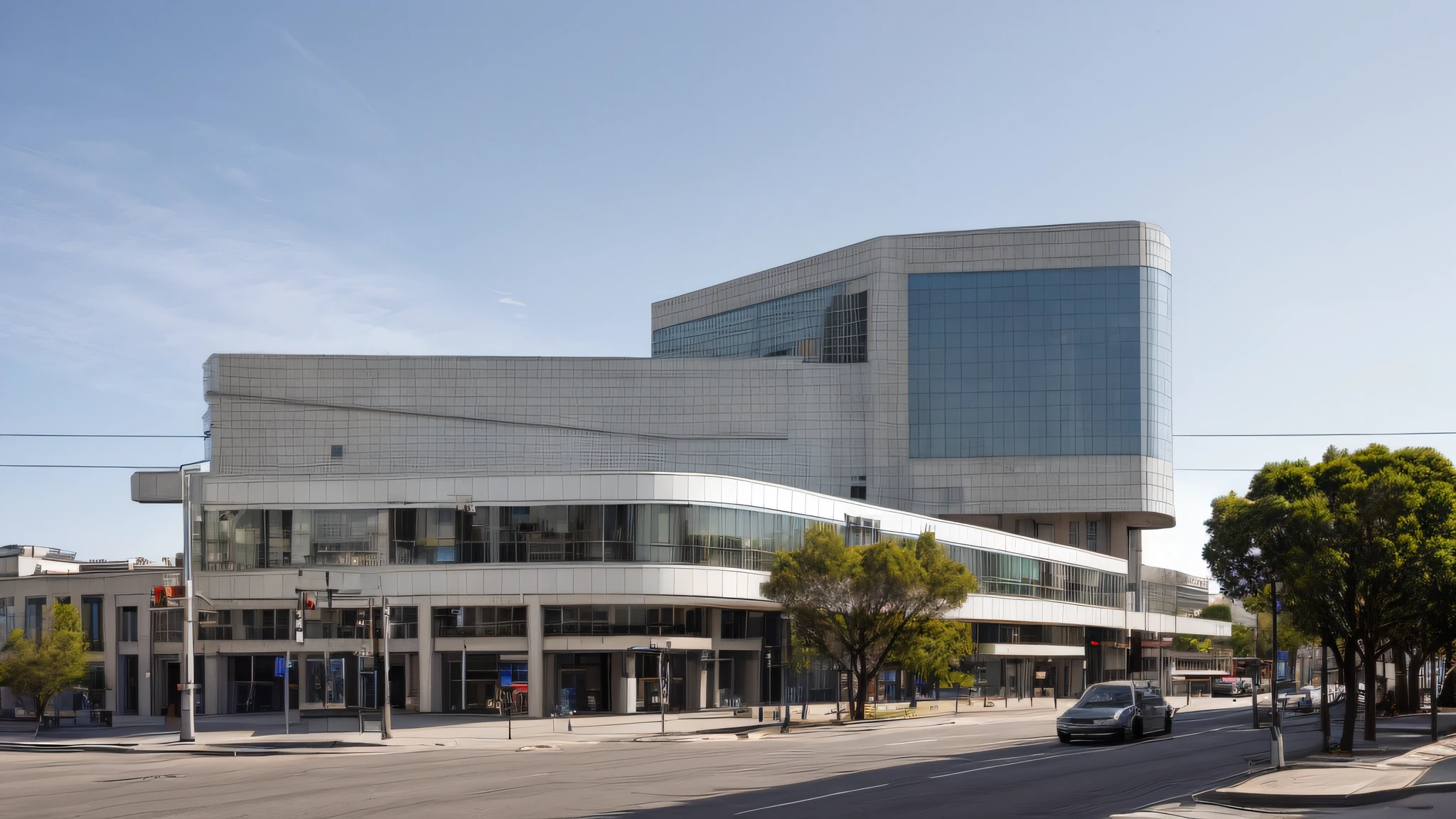 Exterior, iconic works, headquarters, radio and television station, modern style, daylight, street,