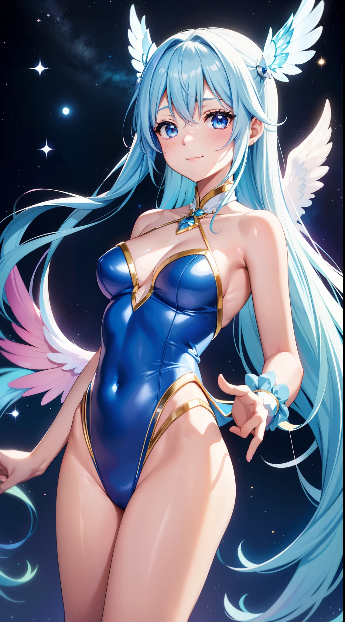 Super Idol　a beauty girl　A charming smile　sky blue hair　length hair　Twin-tailed　Glittery bright pink and white and blue and yellow leotards　facing front　Angel large wings on the back 7 colors　Mystical　Fantasia　constellation　a moon　Crystal Brilliance　Aurora Borealis in the Night Sky