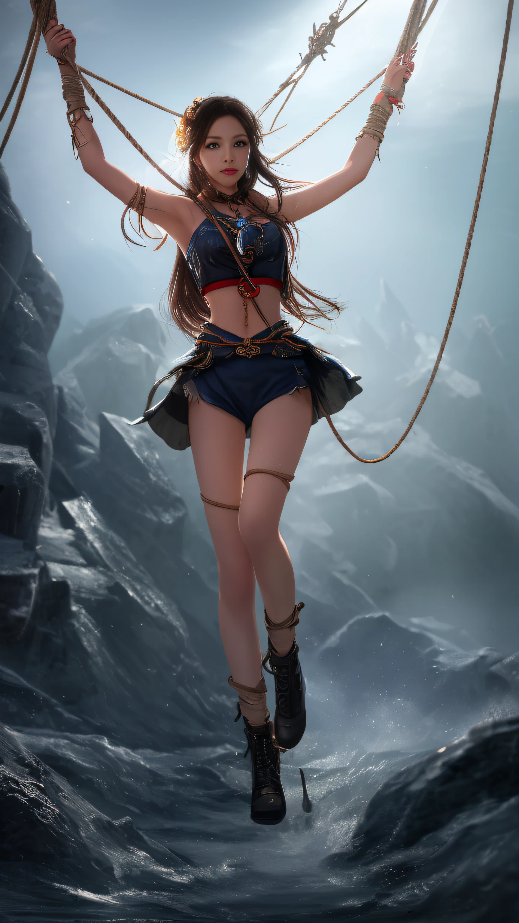 A high-resolution, 8K, UHD image depicts a young, perfect, beautiful, 18-year-old in a majestic pose, perched on top of a soaring rock as she looks out over the horizon and the vast sea in front of her. Her slender and graceful body is displayed in all its glory, with every curve and detail captured in an ultra-realistic quality.