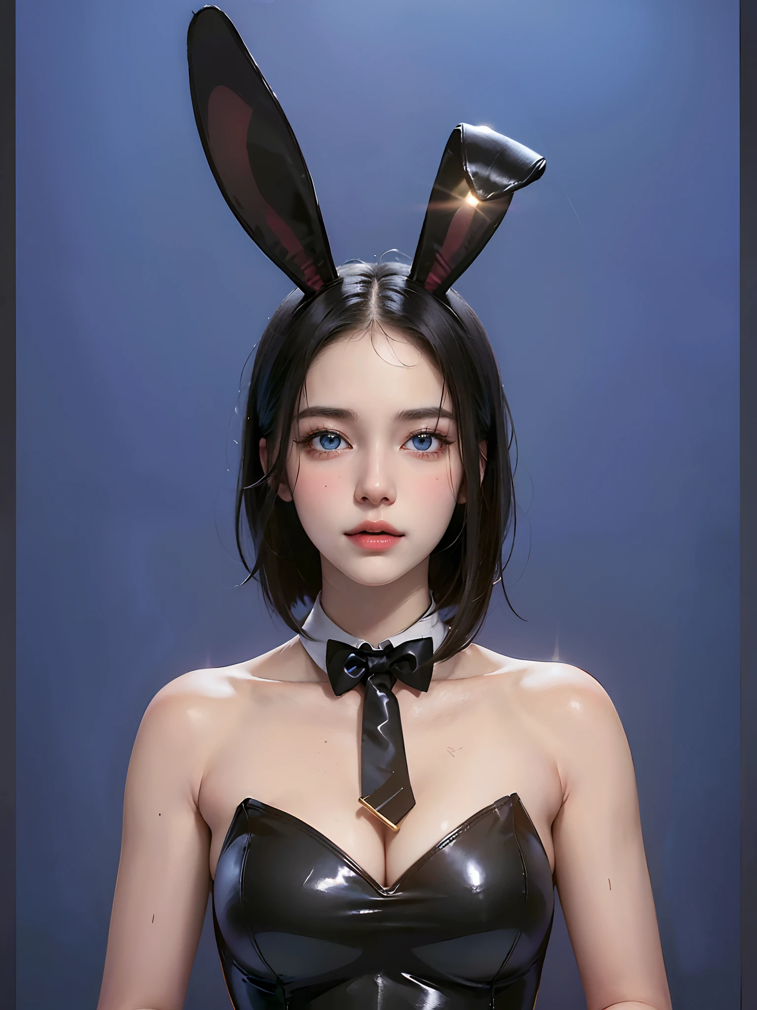 ((((masterpiece, best quality, high resolution)))), (1girl:1.5), black hair, bob cut, blunt bangs, (blue eyes: 1.5), (large breasts: 1.2), cleavage, blush, light smile, parted lips, glow, thighs, bare shoulders, collarbone, narrow waist, cleavage, (beautiful detailed face, beautiful detailed eyes), long slender thighs, perfect eyes, looking at the viewer, ((Playboy bunny suit, fake rabbit ears))