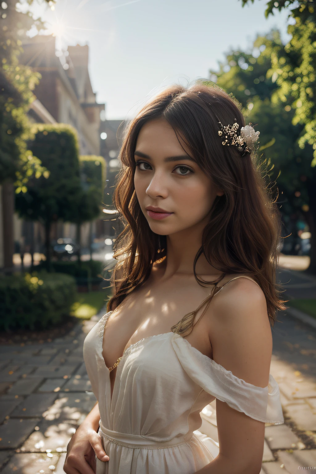 (best quality,4k,8k,highres,masterpiece:1.2),ultra-detailed,(realistic,photorealistic,photo-realistic:1.37),beautiful woman,big city,on the street,brown hair,restorant,table,portraits,detailed eyes,long eyelashes,feminine figure,ethereal beauty,natural lighting,vibrant colors,magical atmosphere,serene expression,harmonious composition,gentle breeze,mystical aura,tranquil setting,radiant sunlight,soft shadows,faint mist,dreamlike quality,peaceful ambiance,subtle golden hues,evocative,empowering,enchanted realm,Nymph-like appearance,graceful pose,flowing hair,whimsical elements,fantasy world,sublime artistry,captivating,alluring presence,immersive landscape,mesmerizing charm,hazy atmosphere,ethereal magic.