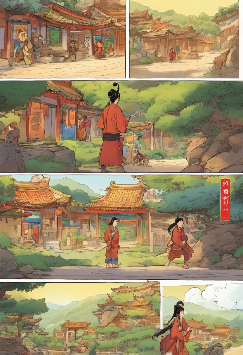 Chinese style comics, The comic story is presented in two regular color panels. The picture shows the Zhuang ethnic village,A cute boy runs around the village to play。The boys hear the scene of the old man discussing the problem,The boy decides to embark on a journey to find God。Give a gift to a boy carrying a bag,Ready。The picture is exquisite,The faces of the characters are delicate