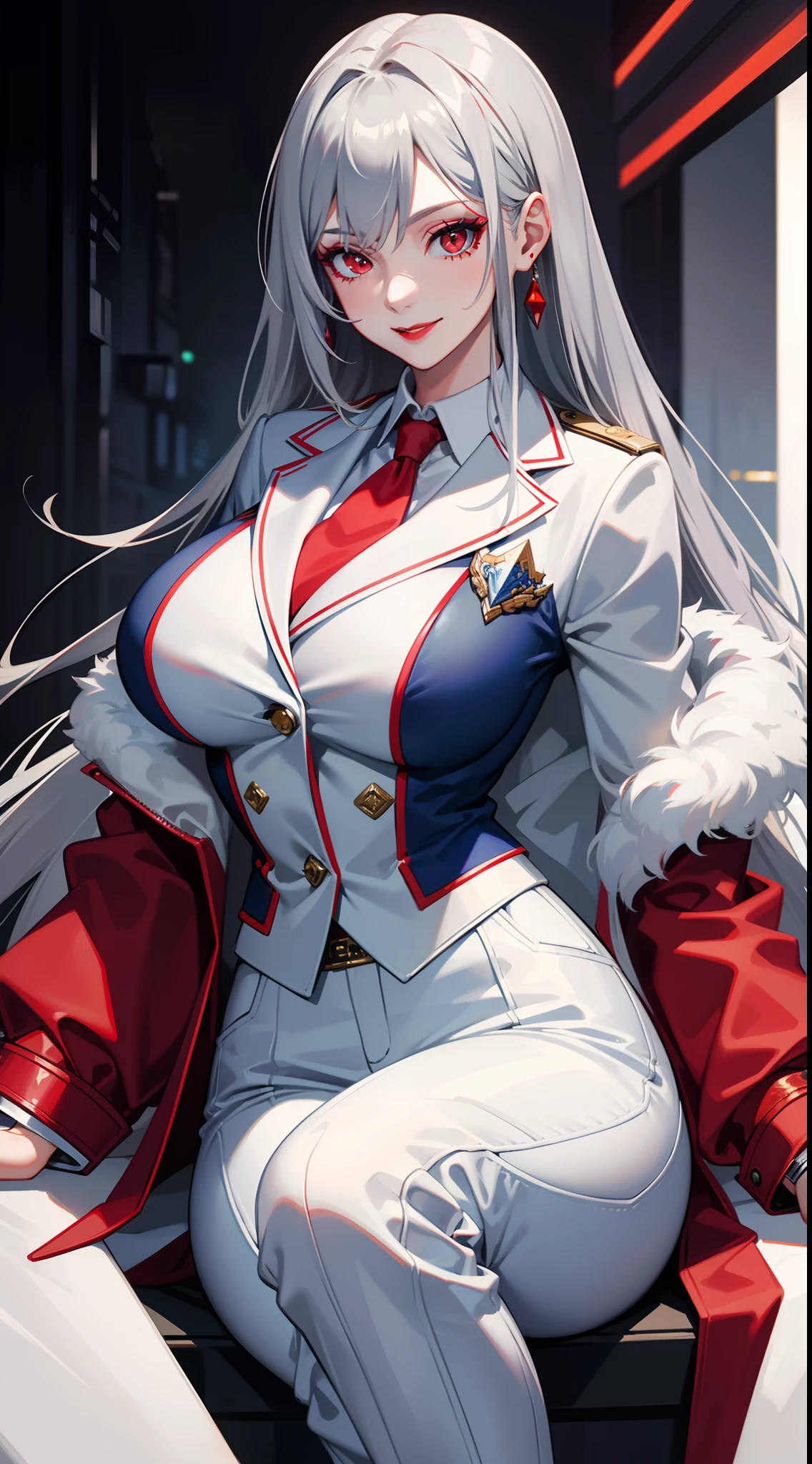 Adult woman, long gray hair, red eyes, red eye shadow, blue lipstick, blue blazer, white pants , large breasts, smile, Masterpiece, hiquality, 4k, HD, Good detail
