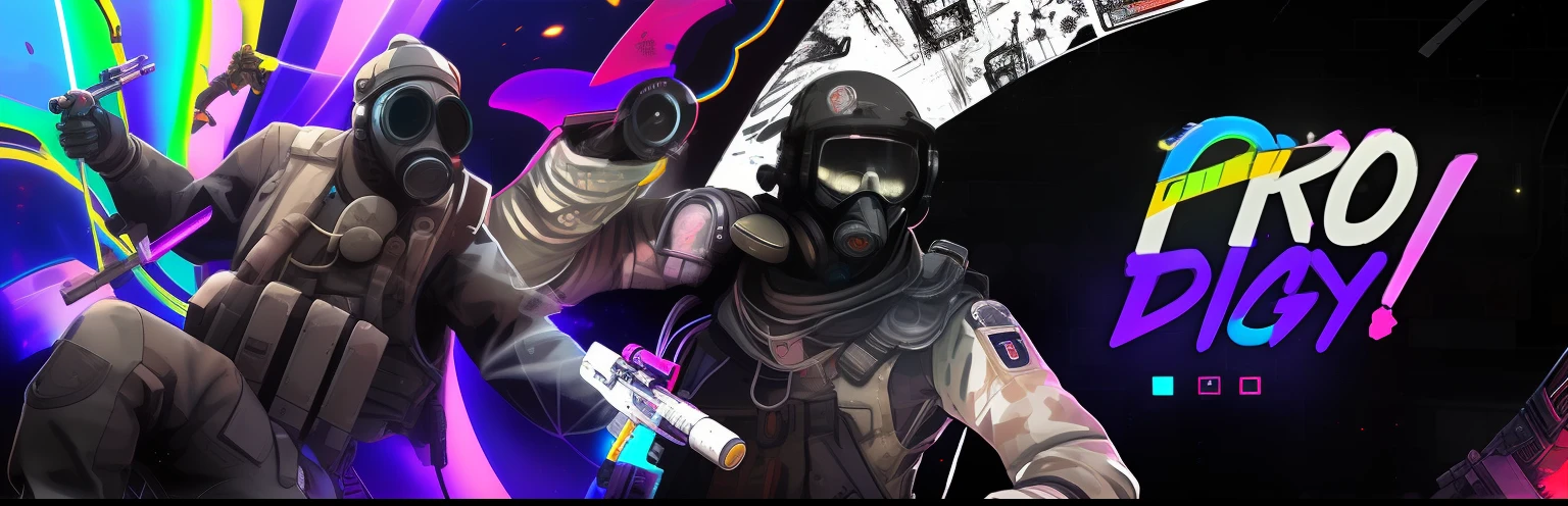 There were two men wearing gas masks and goggles holding paintbrushes, trigger anime artstyle, RB6S), epic art style, unknown artstyle, warzone background, fractalpunk, riot background, 8K high quality detailed art, art depicting control freak, neon operator, discord pfp, valve promotional splash art, 4k highly detailed digital art