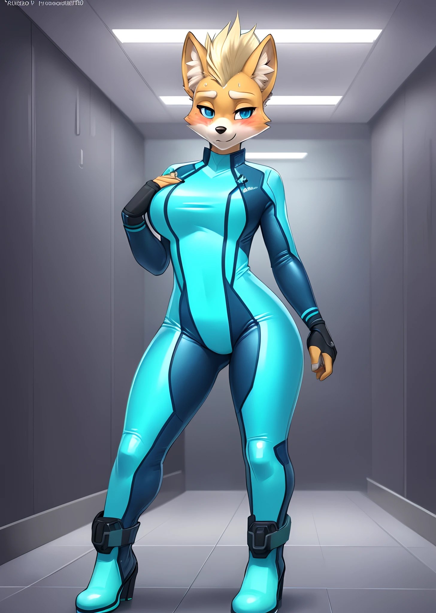 [zero suit fox], [Uploaded to e621.net; (Pixelsketcher), (wamudraws), (fluffkevlar)], [uploaded to twitter.com; (@senip)], ((masterpiece)), ((HD)), ((high quality)), ((solo portrait)), ((full body)), ((furry; anthro fox)), ((detailed fur)), ((detailed shading)), ((beautiful render art)), {anthro; (slim figure), yellow fur, black nose, (bleach-blonde mohawk), (cute surprised blue eyes), (large boobs), (gorgeous hips), (beautiful legs), (sweat on forehead), (blushing), (nervous smirk), (mouth open)}, {(cyan zip-up bodysuit), (cyan boots), (heels)}, {(standing), (arms at sides), (hand on chest), (looking at viewer)}, [background; (hallway), (metal walls), (ceiling lights), (si-fi), (ambient lighting)]