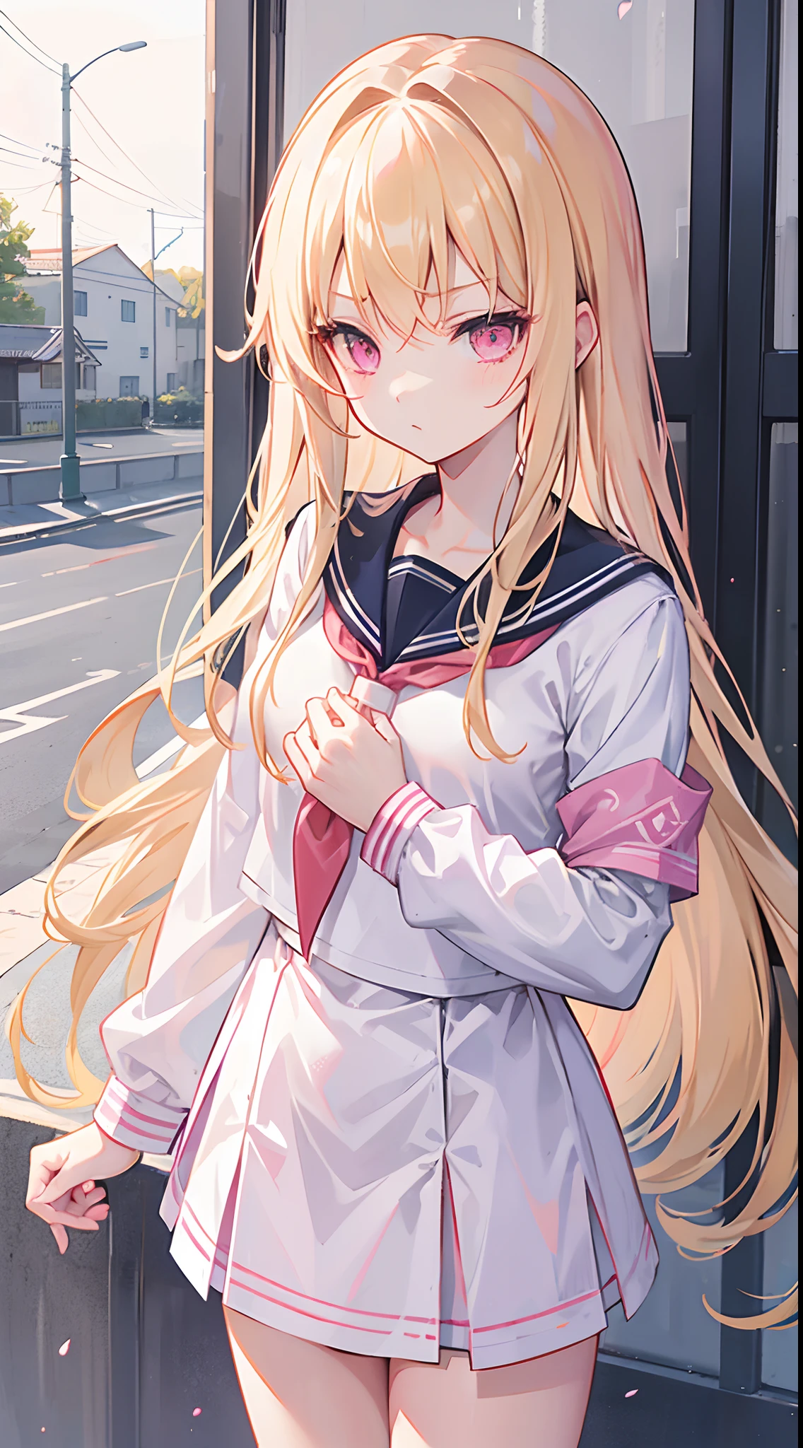 Long blonde hair scattered behind him，Pink eyes，Girl in sailor uniform school uniform，Medium build，high school senior，Stand at the school gate，tmasterpiece，Delicate girl，With red armbands，Hold your hands to your chest，A very serious look