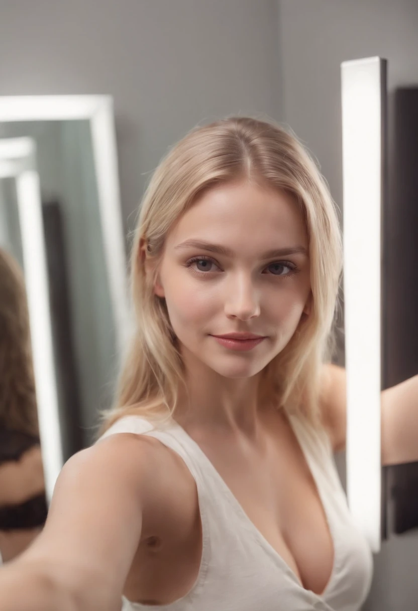 Huge Tits Blond girl on front of a mirror, taking selfie with phone Smiling, HD, distance frame, 13 years old
