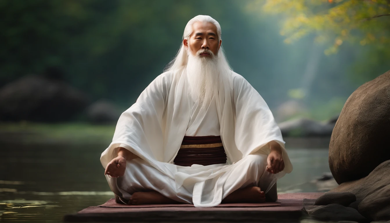 30-year-old Asian middle-aged Taoist elder sedentary close-up,long white hair,Meditate with your eyes closed,Has a white beard,Meditation cross-legged,Daoism, wearing long white togas,magic aura,Taoist master,Taoist,kosmos,at centre,Face the lens,Very bright colors, Light particles, with light glowing, Mshiv, wallpaper art, UHD wallpaper