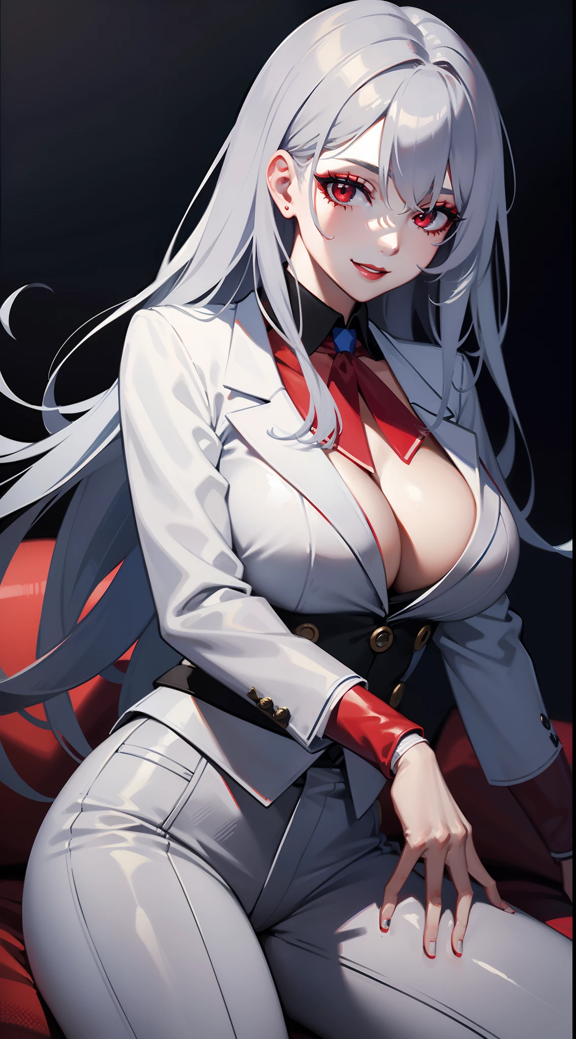 Adult woman, long gray hair, red eyes, red eye shadow, blue lipstick, blue blazer, white pants , large breasts, smile, Masterpiece, hiquality, 4k, HD, Good detail