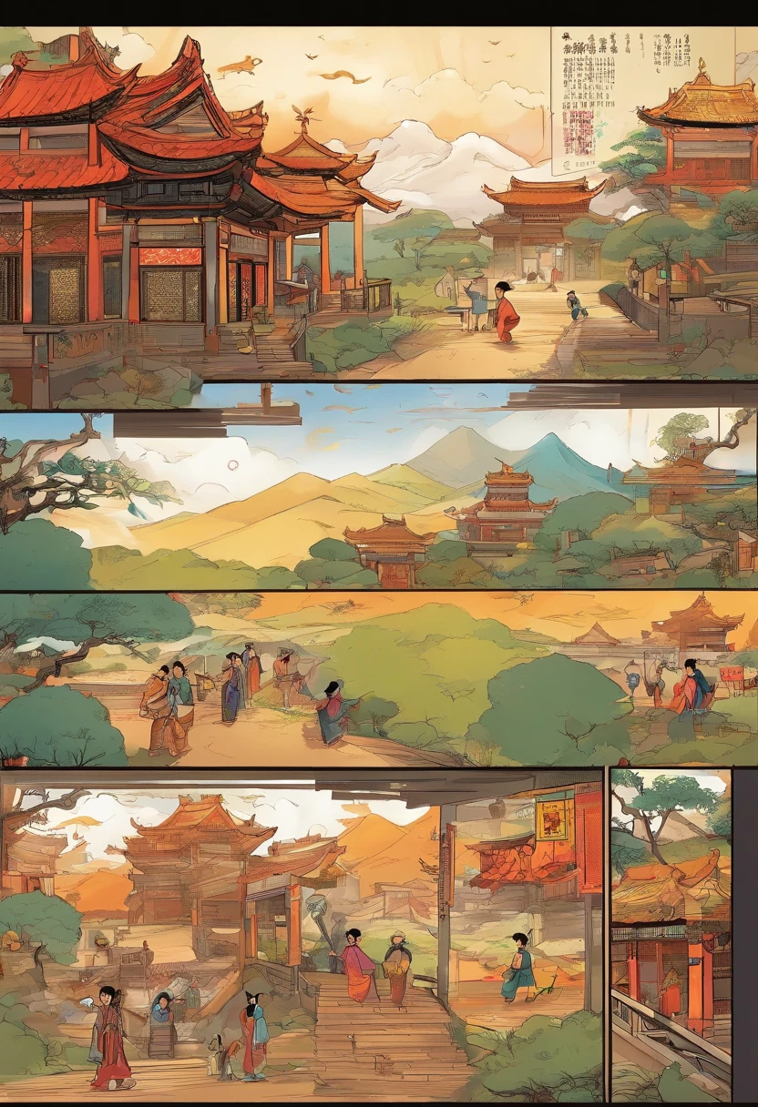 Chinese style comics, The comic story is presented in two regular color panels. The picture shows the Zhuang village,A cute boy runs around the village to play。The boys hear the scene of the old man discussing the problem,The boy decides to embark on a journey in search of God。Give a gift to a boy carrying a bag,Ready。The picture is exquisite,The faces of the characters are delicate