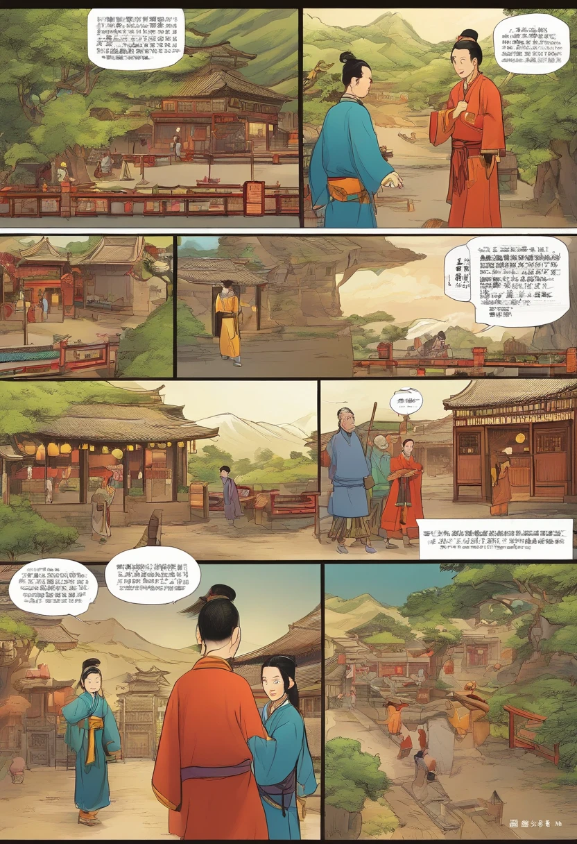 Chinese style comics, The comic story is presented in two regular color panels. The picture shows the Zhuang village,A cute boy runs around the village to play。The boys hear the scene of the old man discussing the problem,The boy decides to embark on a journey in search of God。Give a gift to a boy carrying a bag,Ready。The picture is exquisite,The faces of the characters are delicate