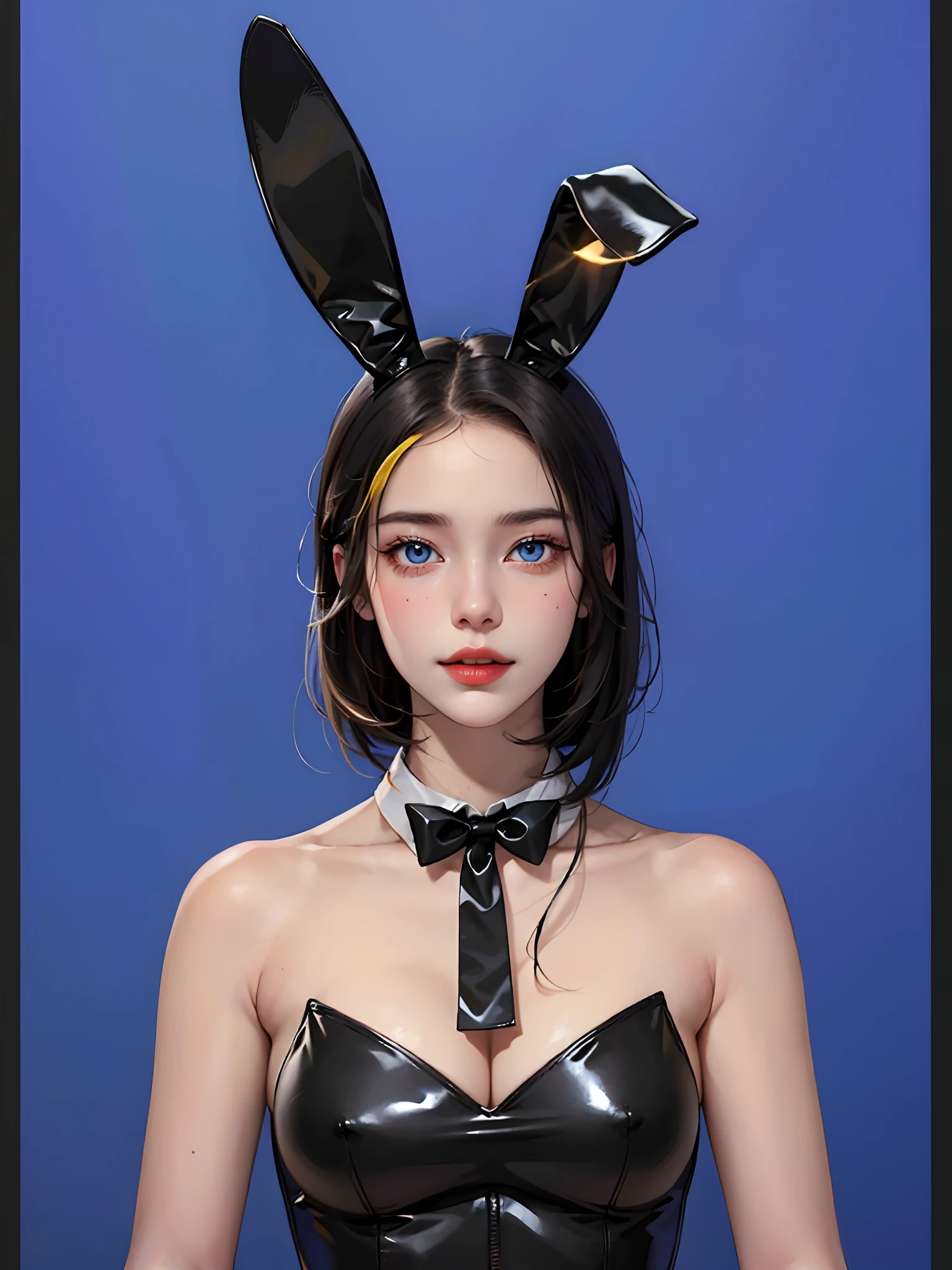 ((((masterpiece, best quality, high resolution)))), (1girl:1.5), black hair, bob cut, blunt bangs, (blue eyes: 1.5), (large breasts: 1.2), cleavage, blush, light smile, parted lips, glow, thighs, bare shoulders, collarbone, narrow waist, cleavage, (beautiful detailed face, beautiful detailed eyes), long slender thighs, perfect eyes, looking at the viewer, ((Playboy bunny suit, fake rabbit ears))