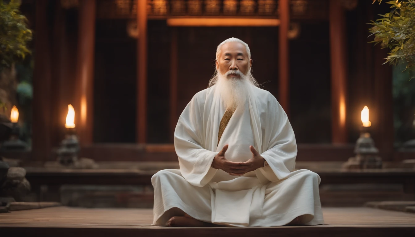 30-year-old Asian middle-aged Taoist elder sitting in the universe close-up,long white hair,Meditate with your eyes closed,Has a white beard,Meditation cross-legged,Daoism, wearing long white togas,magic aura,Taoist master,Taoist,at centre,Face the lens,Very bright colors, Light particles, with light glowing, Mshiv, wallpaper art, UHD wallpaper