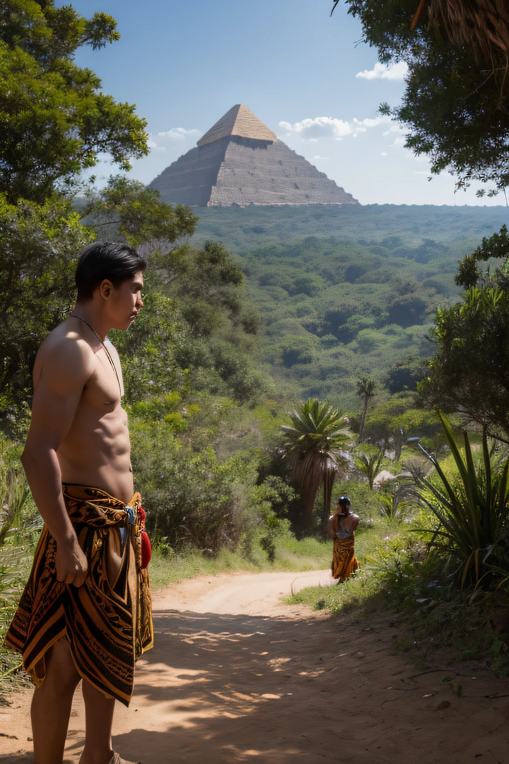 Aztec men，ln the forest，rios，Pyramids of the Americas in the distance，Fight tigers