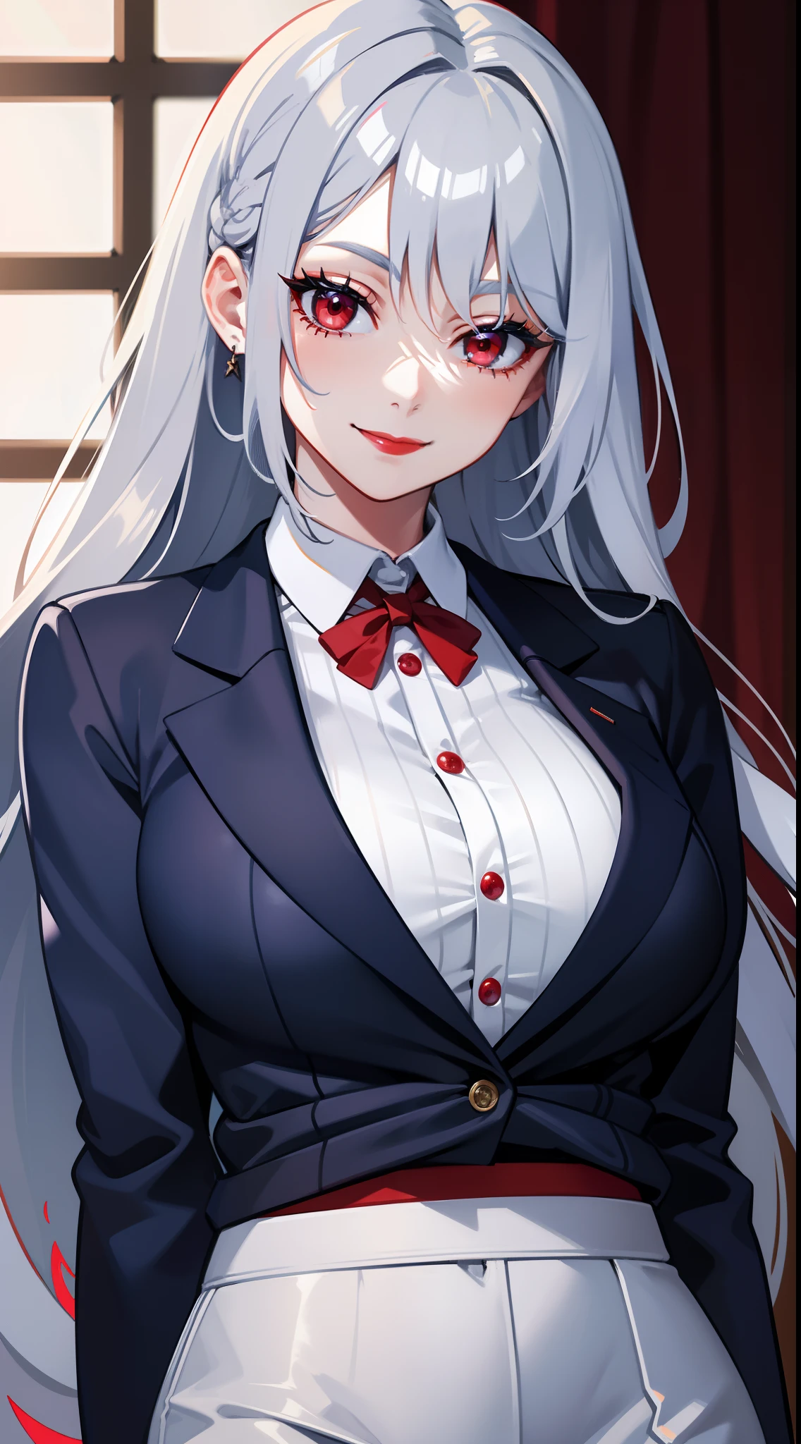 Adult woman, long gray hair, red eyes, red eye shadow, blue lipstick, blue blazer, white pants , large breasts, smile, Masterpiece, hiquality, 4k, HD, Good detail