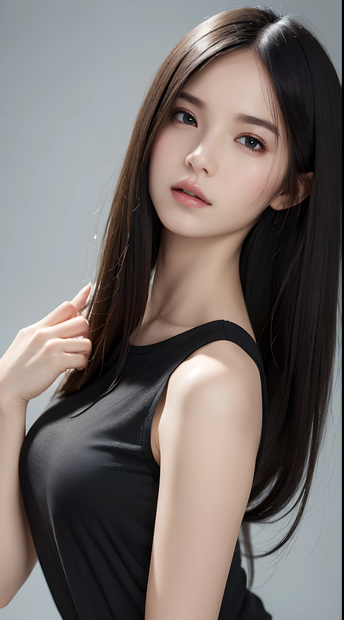 ((Best Quality, 8k, Masterpiece: 1.3)), Full Body, Focus Clear: 1.2, Outstanding Style: 1.4, Slender Abs: 1.2, ((Black Hair, Big: 1.2)), Black Tank Top, Highly Detailed Face and Skin Texture, Detailed Eyes, Double Eyelids
