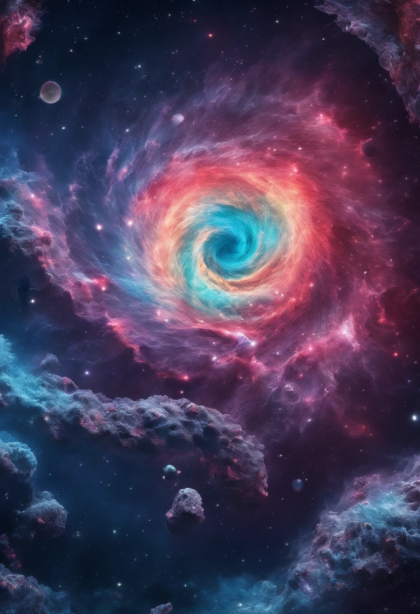 A spiral galaxy with a bright blue center surrounded by clouds - SeaArt AI