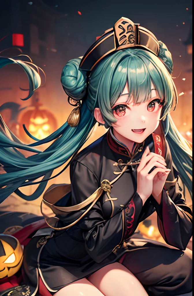 (top-quality、in 8K、32K、​masterpiece、nffsw、超A high resolution、Impresionismo、Photorealsitic:1.2)、Colossal tits、cowboy  shot、Begging Pose、 detailed faces and eyes、 mid night、nightcity、Dim Street Lights、A jack-o'-lantern is placed on the road、beauitful face、blurry backround、16-year-old beautiful girl、shinny skin、long claws、Official Qing Dynasty Cap、Official clothing of the Qing Dynasty、Beautiful green hair、Bun hair、Blunt bangs、The eyes are red eyes、(Qing Dynasty Hat:1.2)、Kung Fu Shoes、Spiritual paper with yellow runes on beautiful girl's forehead、Curve、Stand on one knee、(Official formal dress of the Qing Dynasty in black color:1.2)、A smile with open mouth and fangs bared、cross one's legs