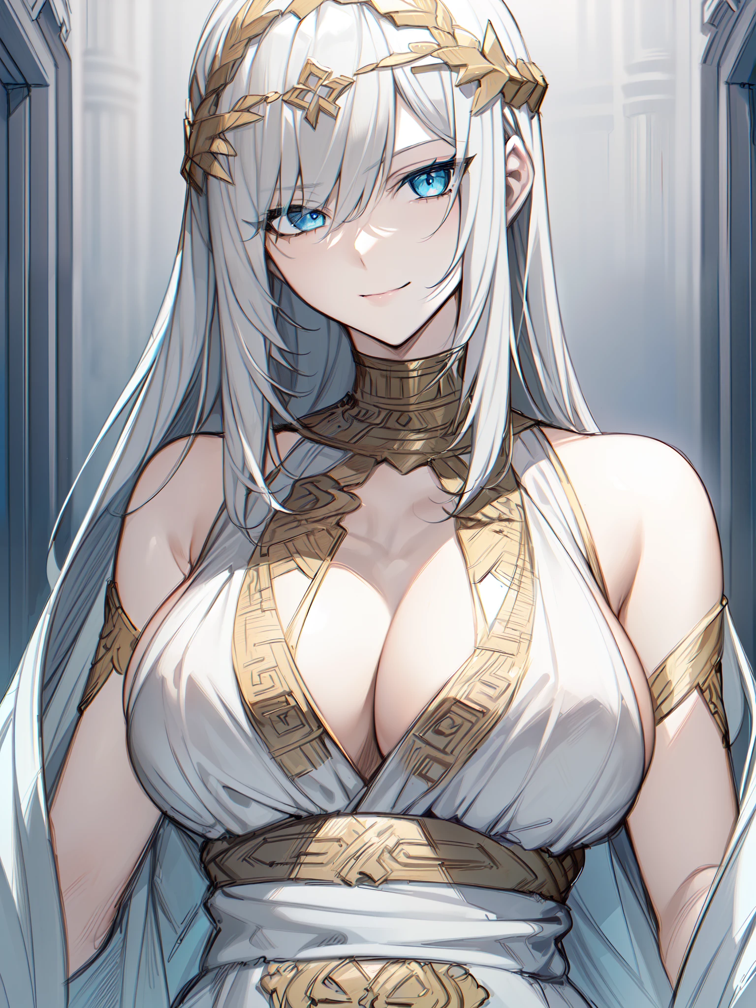((gray hair)), ((light ocean blue eyes)), ((seductive expression)), ((seductive smile)), ((pale skin)), ((ancient greek clothing)), ((mature female)), 1girl, beautifully drawn, high resolution illustration, best quality, High definition, ((detailed anime sketch)), Masterpiece, (solo), absurdres, portrait, ((upper body)), ((close-up)), ((long hair)), detailed background, fine detail, female focus, HDR,