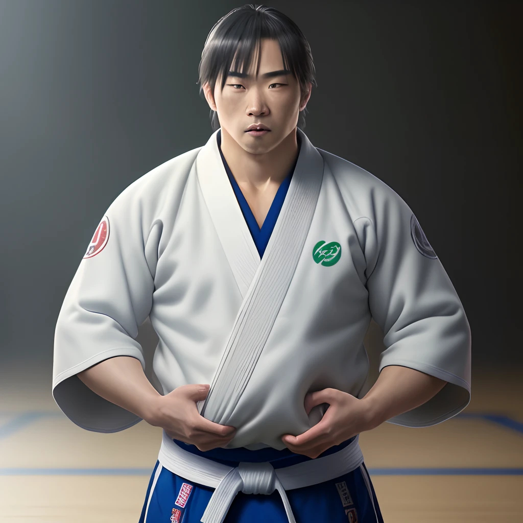 Satoro Gojo in jiu-jitsu attire holding a Genkigama at a minimal height，(best quality,4k,8k,highres,masterpiece:1.2), ultra-detailed, (realistic,photorealistic,photo-realistic:1.37), intense,stark lighting, vibrant colors, anime style