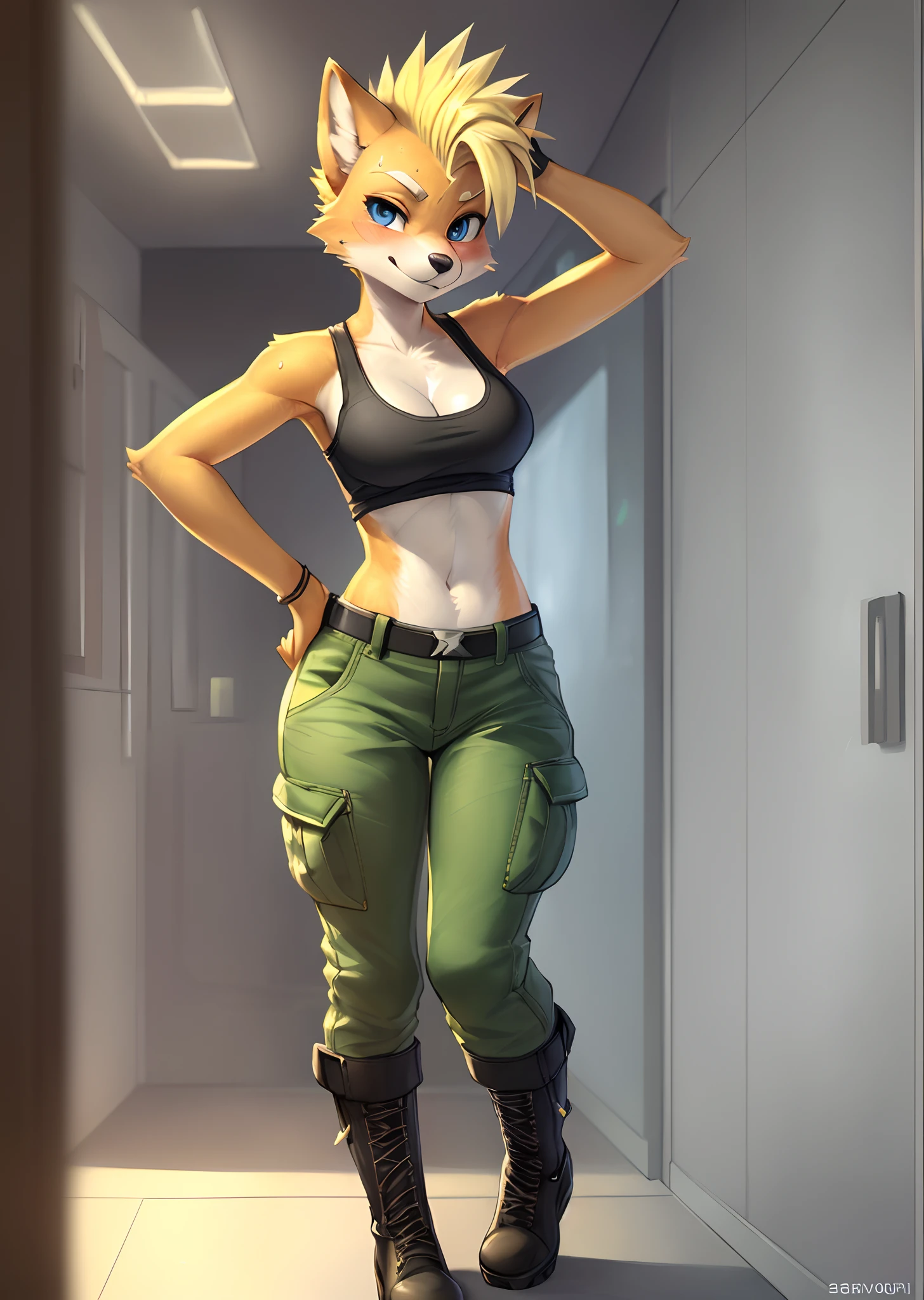 [fox mccloud], [Uploaded to e621.net; (Pixelsketcher), (wamudraws), (fluffkevlar)], [uploaded to twitter.com; (@senip)], ((masterpiece)), ((HD)), ((high quality)), ((solo portrait)), ((full body)), ((furry; anthro fox)), ((detailed fur)), ((detailed shading)), ((beautiful render art)), {anthro; (slim figure), yellow fur, black nose, (bleach-blonde mohawk), (cute surprised blue eyes), (medium boobs), (gorgeous hips), (beautiful legs), (sweat on forehead), (blushing), (nervous smirk), (mouth open)}, {(back tank top), (cleavage), (skintight green cargo pants), (black combat boots), (heels)}, {(standing), (hand on hip), (hand on head), (looking at viewer)}, [background; (hallway), (metal walls), (ceiling lights), (si-fi), (ambient lighting)]