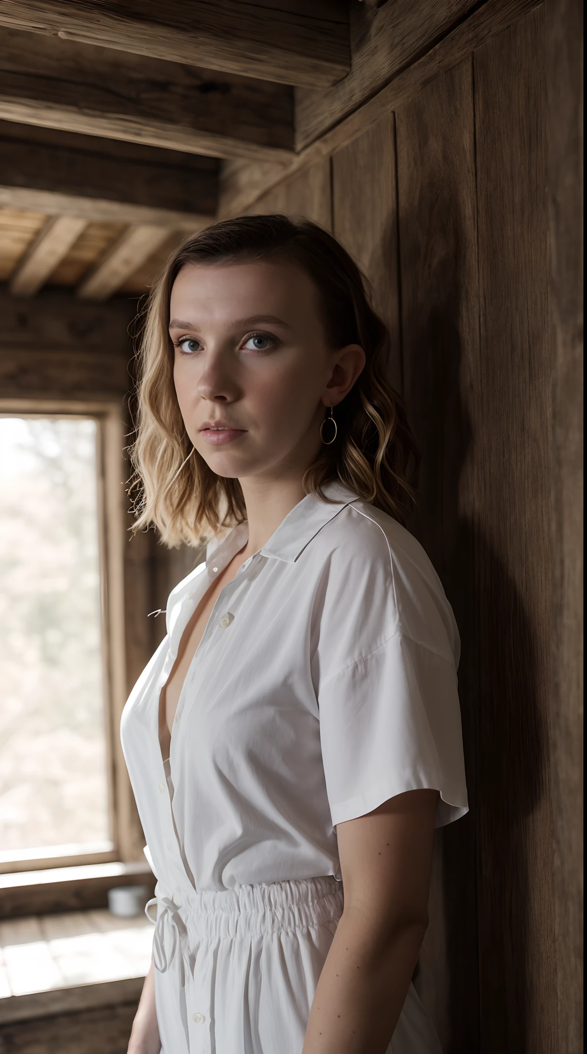 ((Millie Bobby Brown)), beautiful girl, model body, big blue eyes, small breasts, long legs, medium hoop earrings, spiderman outfit, shot from above, very white skin, long hair, wavy hair, hair blonde, Cabin in the woods, photorealistic, Indirect lighting, volumetric light, ray tracing, hyper-detailed, best quality, ultra-high resolution, HDR, 8k, heavy volumetric fog