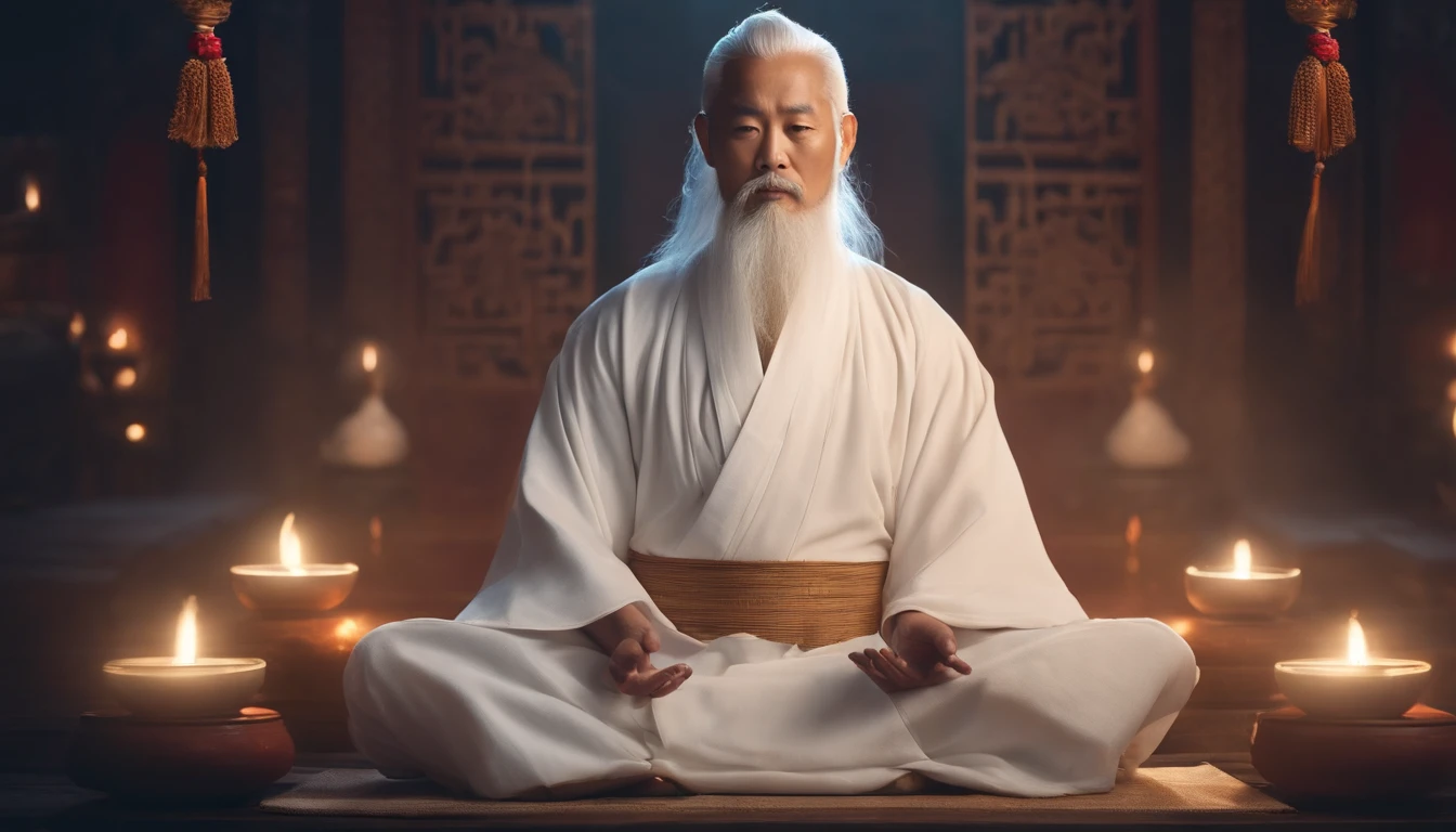 30-year-old Asian middle-aged Taoist elder sedentary close-up,long white hair,Meditate with your eyes closed,Has a white beard,Meditation cross-legged,Daoism, Wearing a plain white robe,Do not decorate your clothes with other colors,magic aura,Taoist master,Taoist,The background is in the universe,at centre,Face the lens,Very bright colors, Light particles, with light glowing, Mshiv, wallpaper art, UHD wallpaper